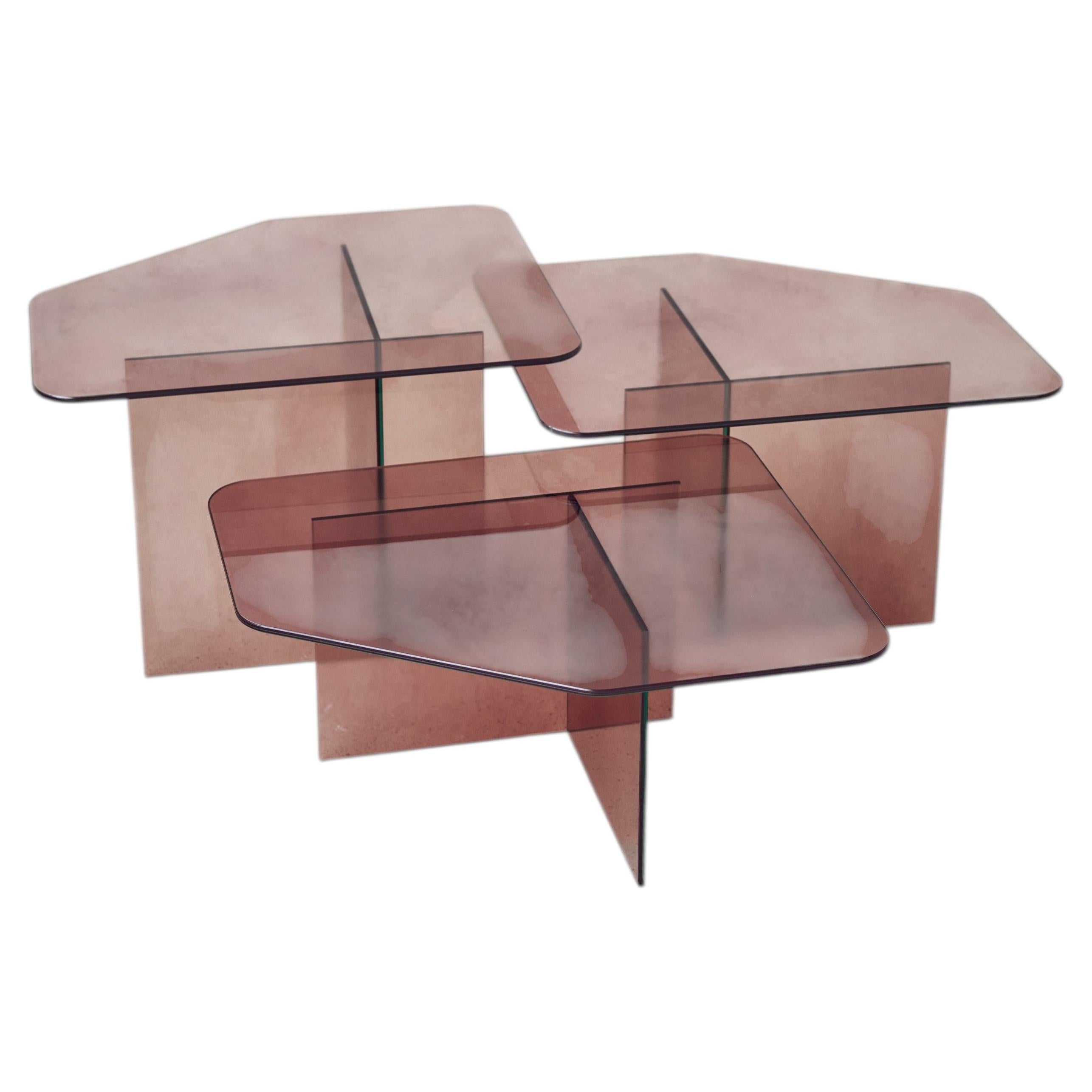 Trio Rose Glass Modular Coffee Table with Cloud Texture, Modern Design For Sale