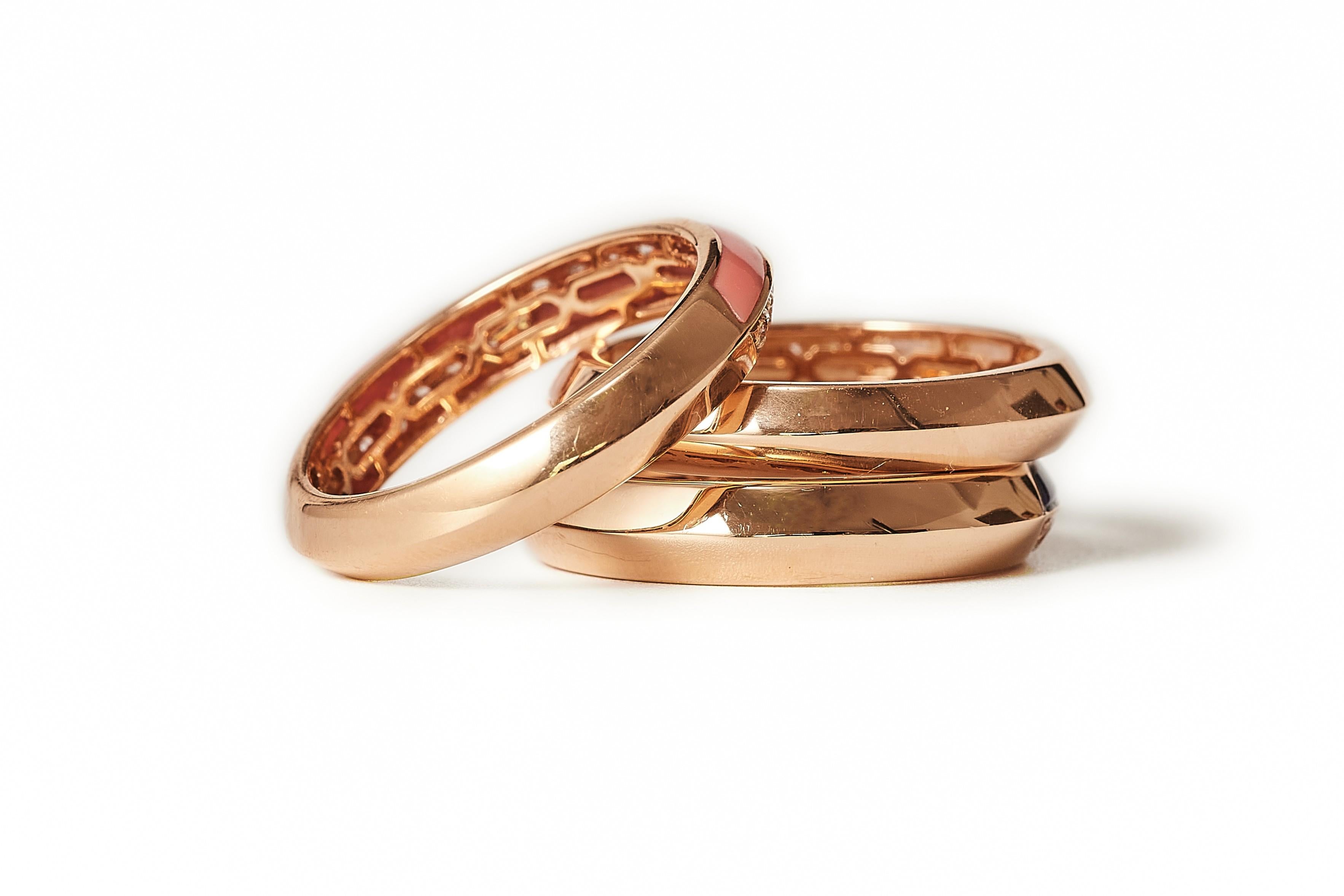 Trio rose gold diamond eternity rings, lapis, mother of pearl of pearl and coral For Sale 4