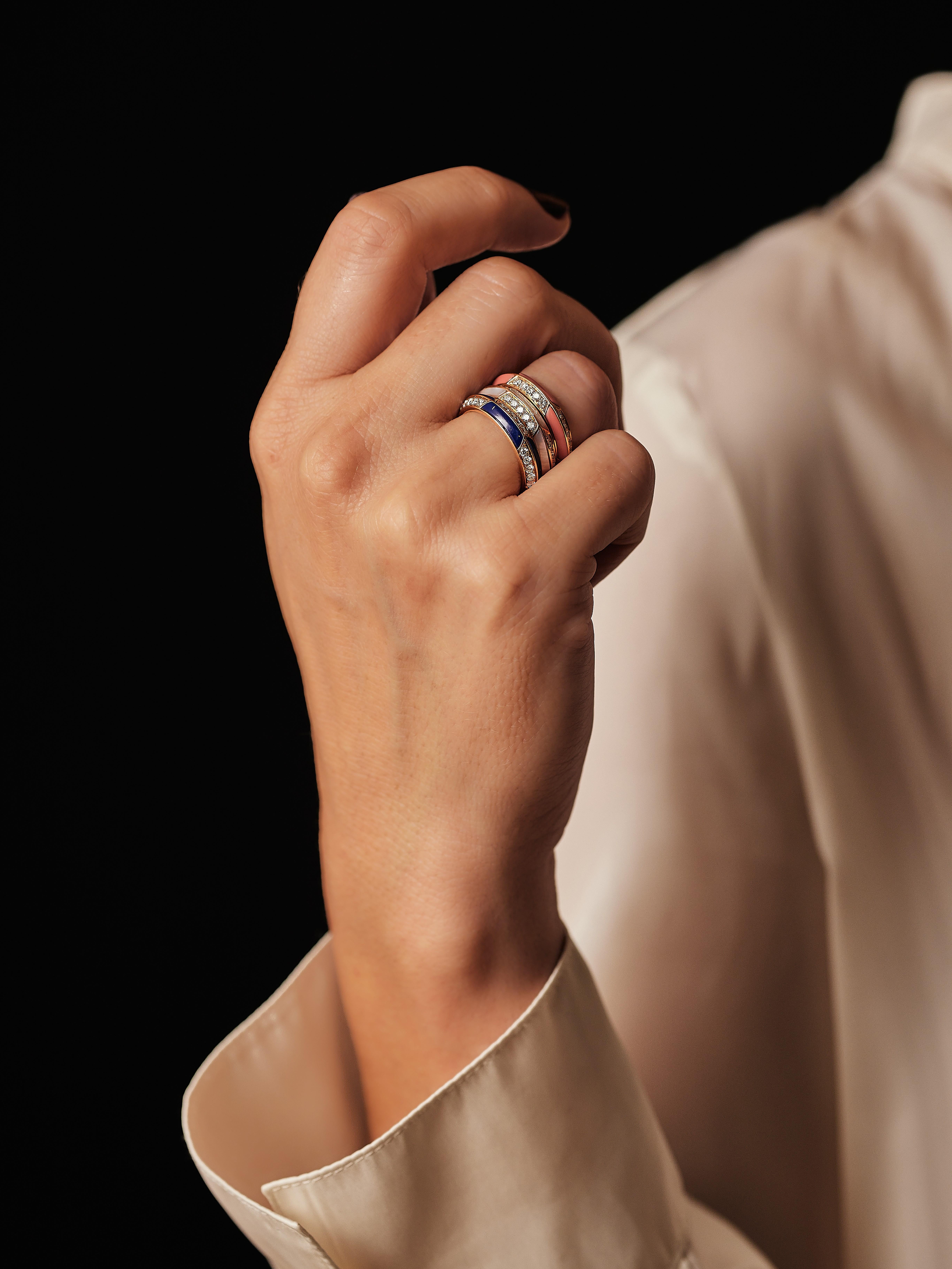Three matching ring that gives you lots of styling options. One, two or all three at once. 

1. Diamond ring in 18 kt rose gold, adorned with three rows of brilliant-cut diamonds, total approx. 0.30 ct, Color: Top Wesselton (G-H), Clarity: VS-SI,