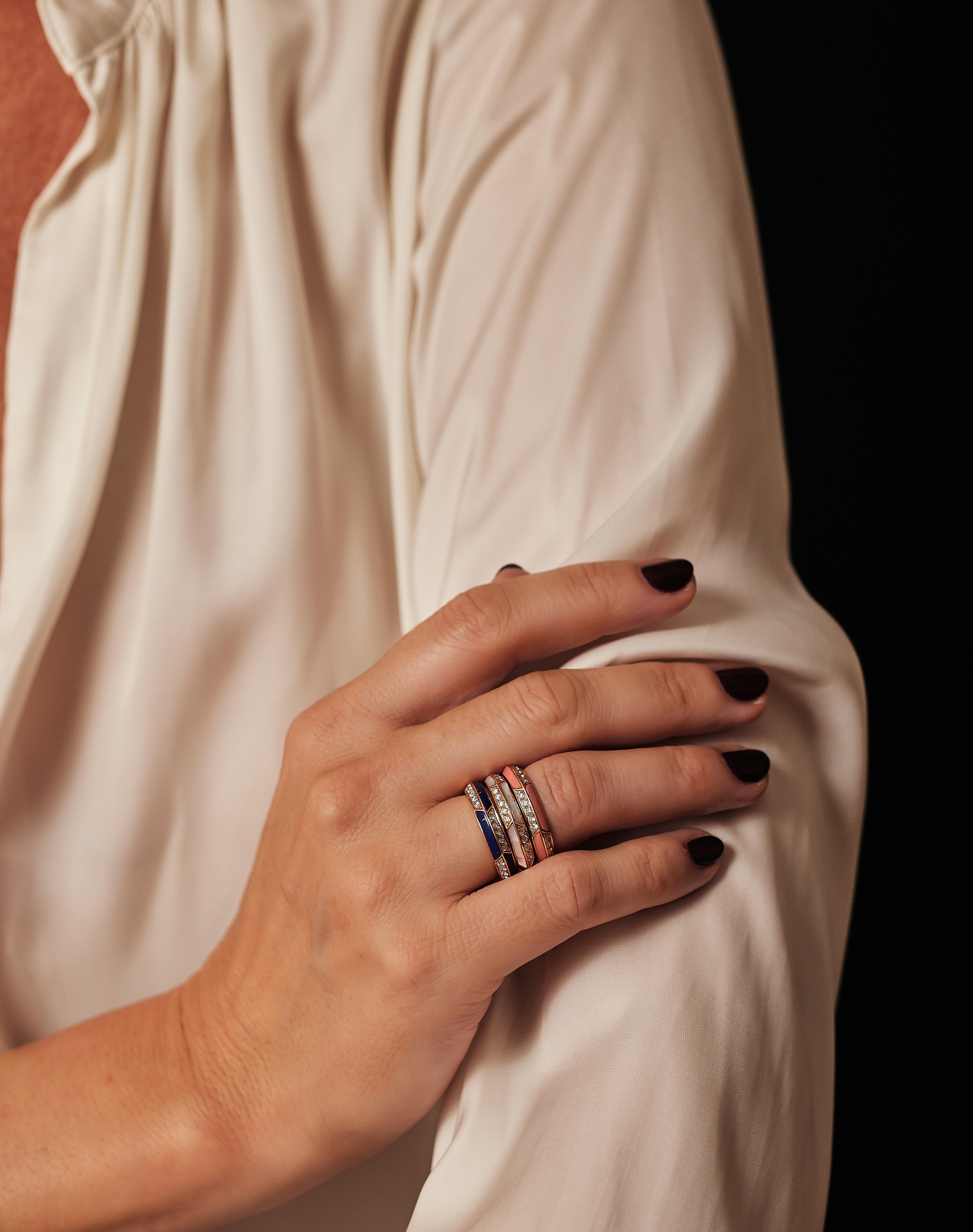 Modern Trio rose gold diamond eternity rings, lapis, mother of pearl of pearl and coral For Sale