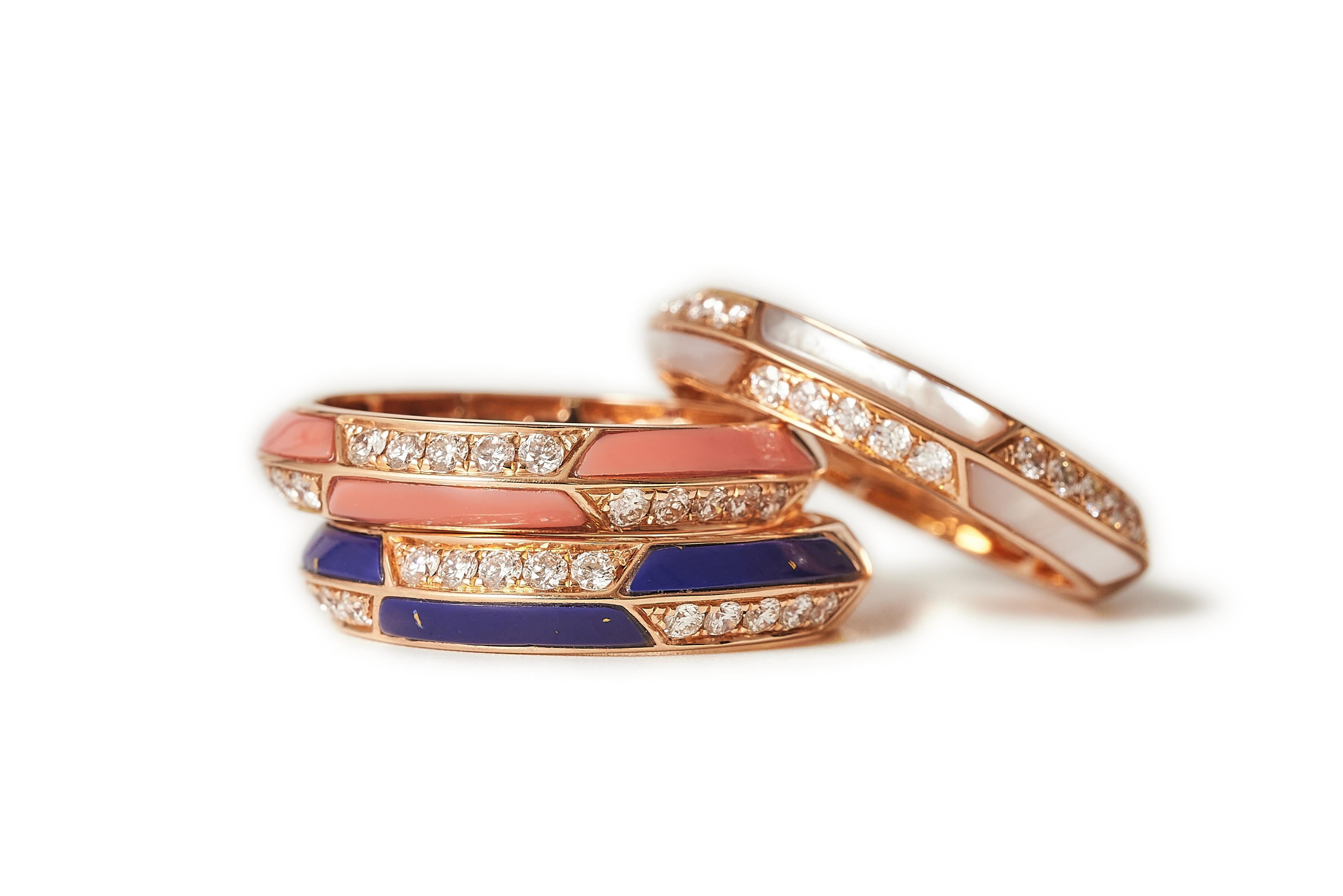 Brilliant Cut Trio rose gold diamond eternity rings, lapis, mother of pearl of pearl and coral For Sale