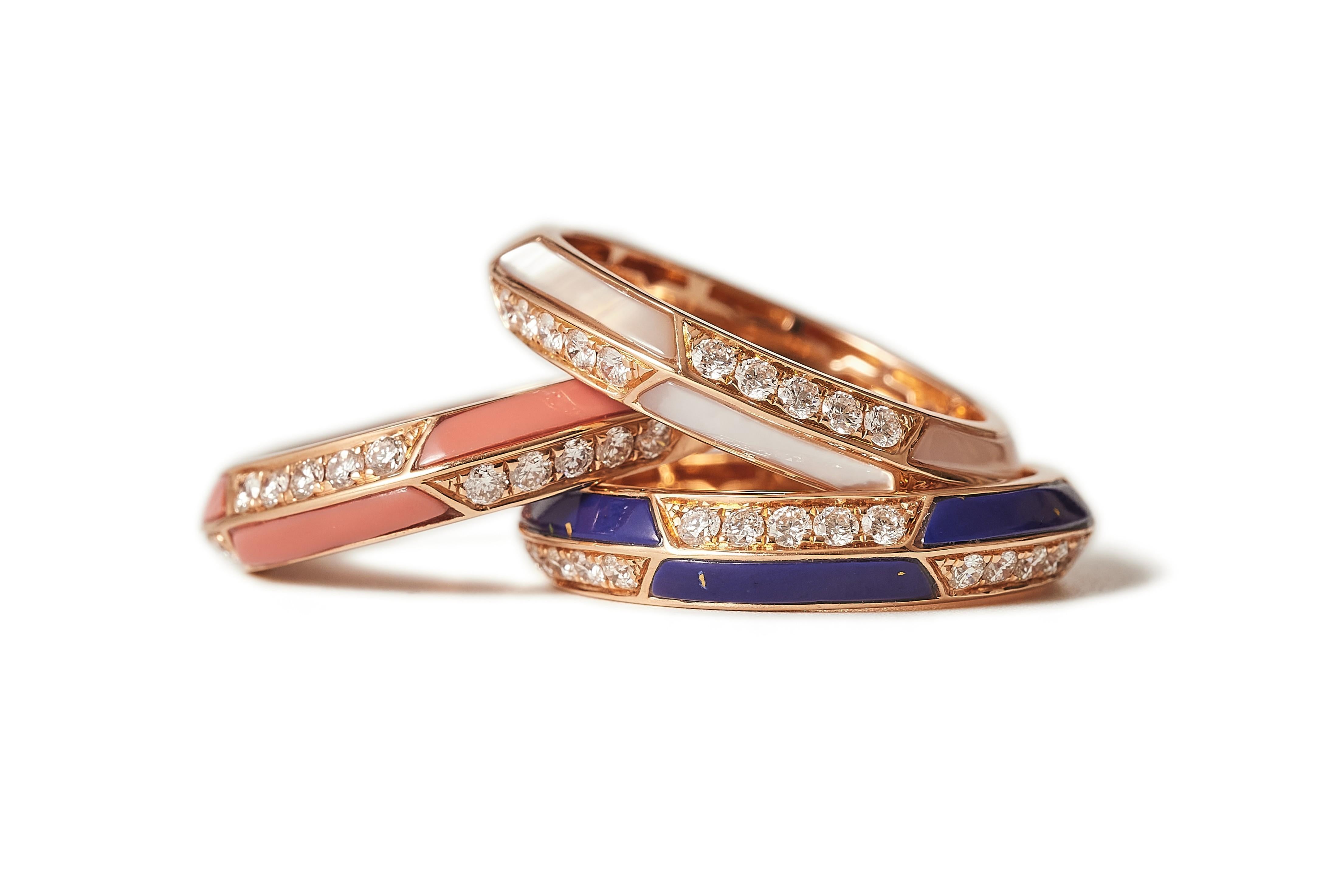 Trio rose gold diamond eternity rings, lapis, mother of pearl of pearl and coral In Good Condition For Sale In Malmö, Skåne län