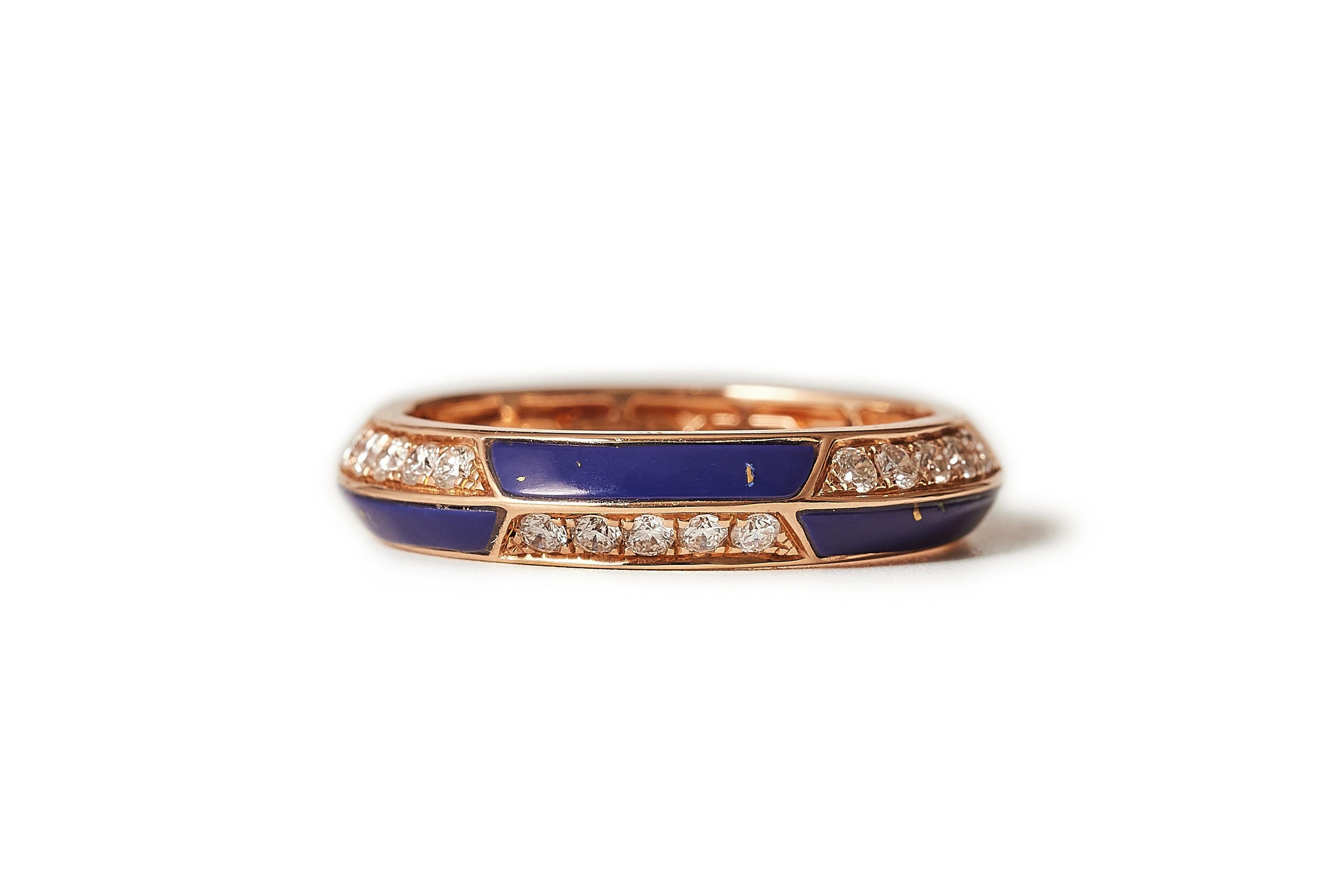 Women's or Men's Trio rose gold diamond eternity rings, lapis, mother of pearl of pearl and coral For Sale