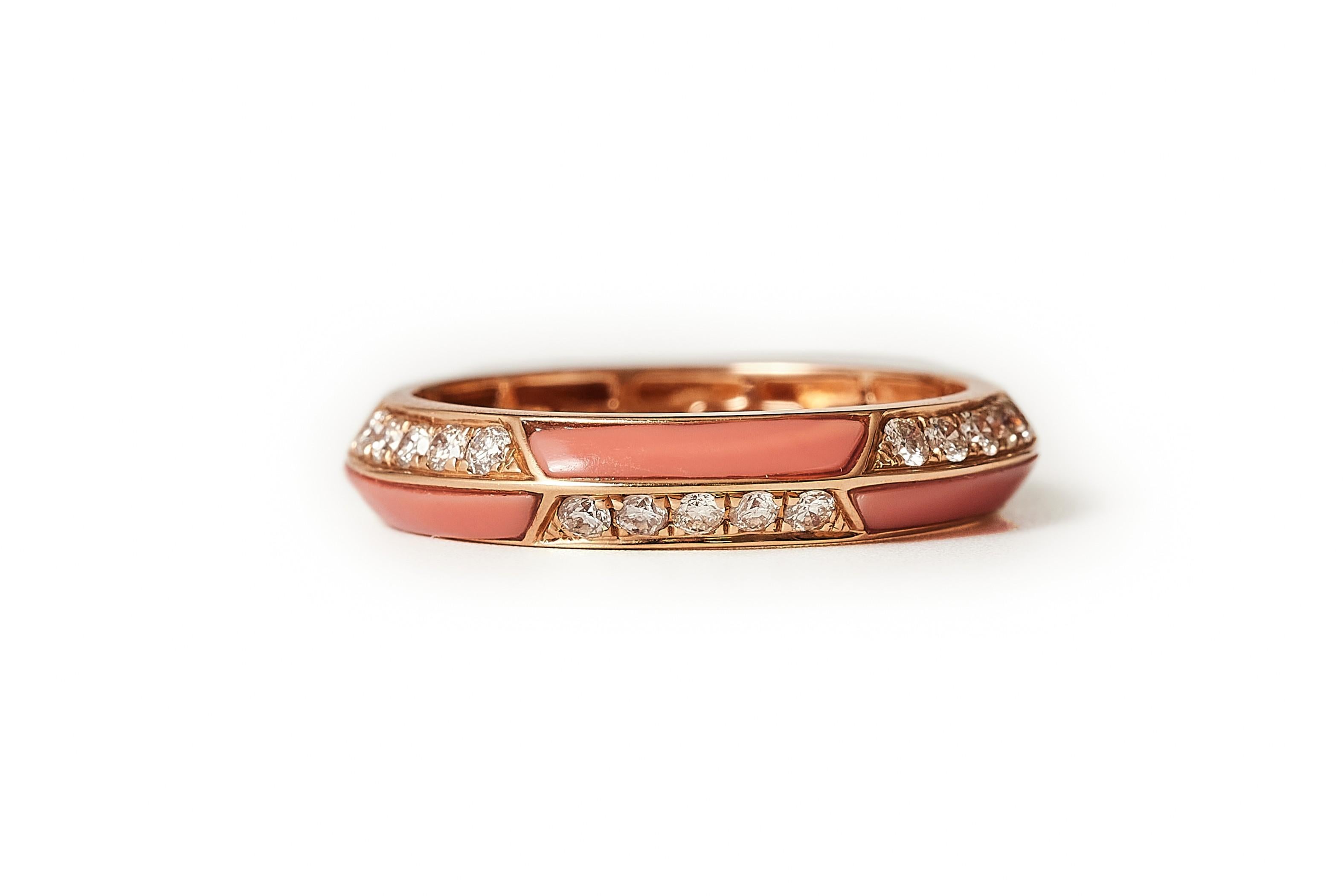 Trio rose gold diamond eternity rings, lapis, mother of pearl of pearl and coral For Sale 2