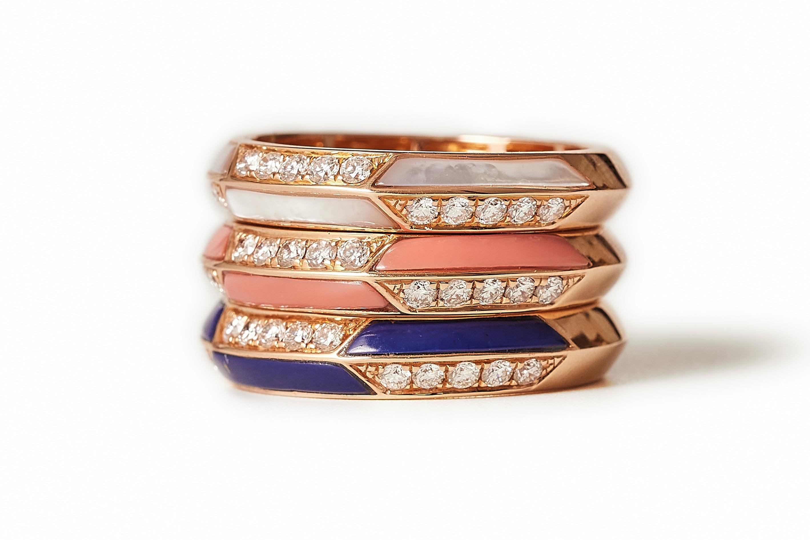 Trio rose gold diamond eternity rings, lapis, mother of pearl of pearl and coral For Sale 3