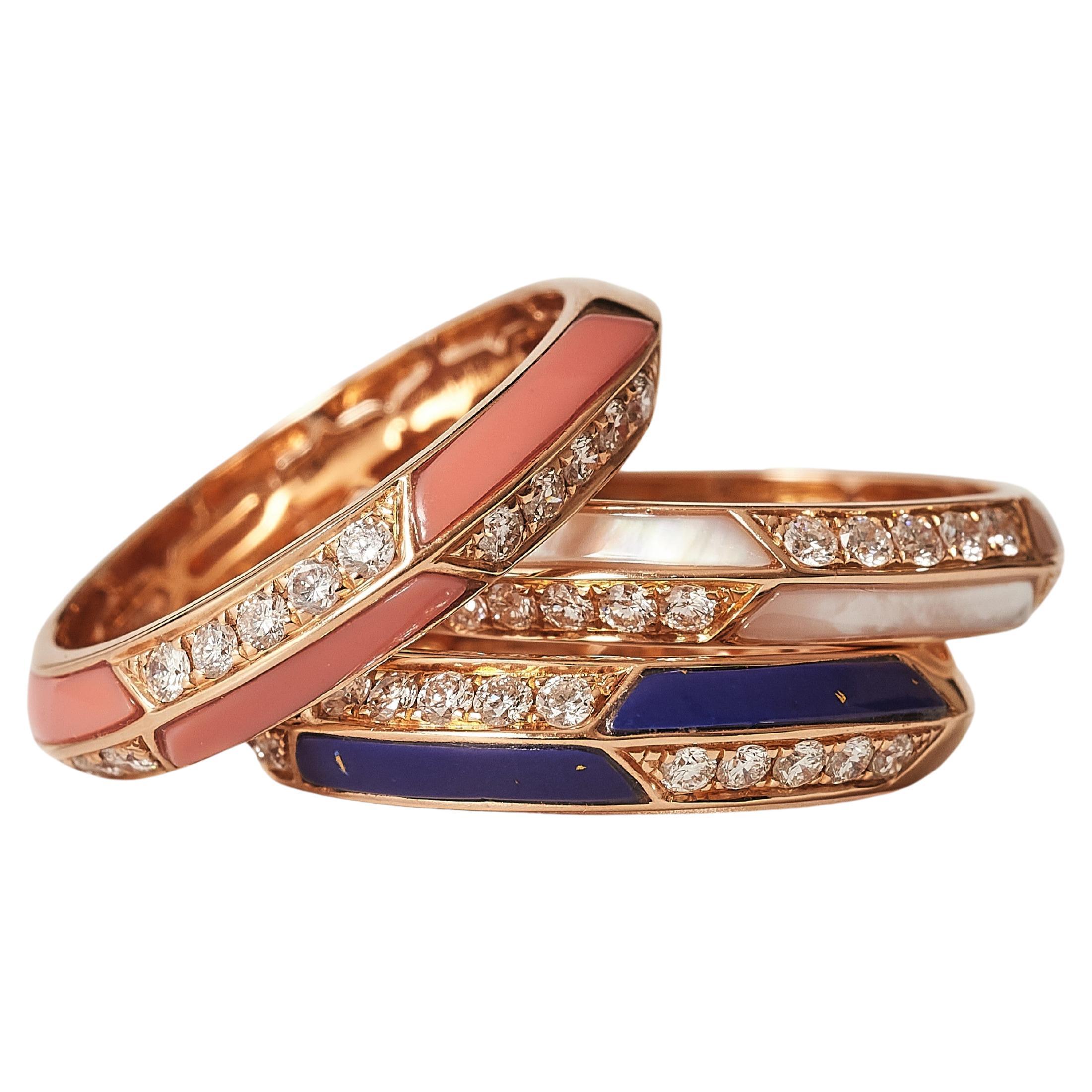 Trio rose gold diamond eternity rings, lapis, mother of pearl of pearl and coral For Sale