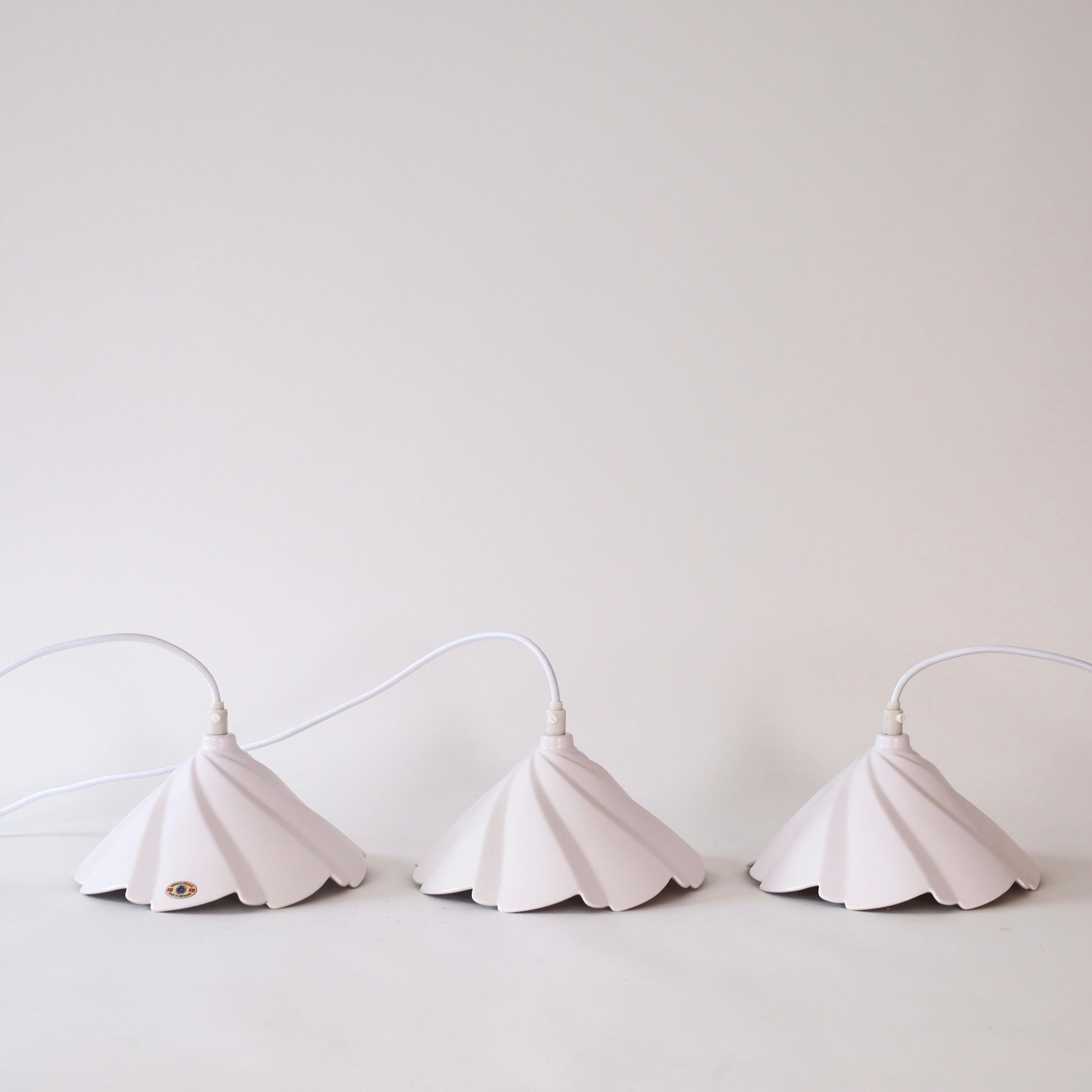 Trio Scalloped Porcelain Pendant Lights by Søholm, Denmark For Sale 3