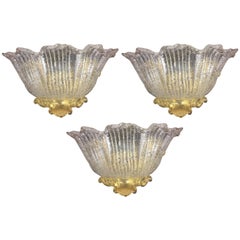 Trio Sconces Gold Inclusions Barovier 
Toso Style, Murano, 1980
