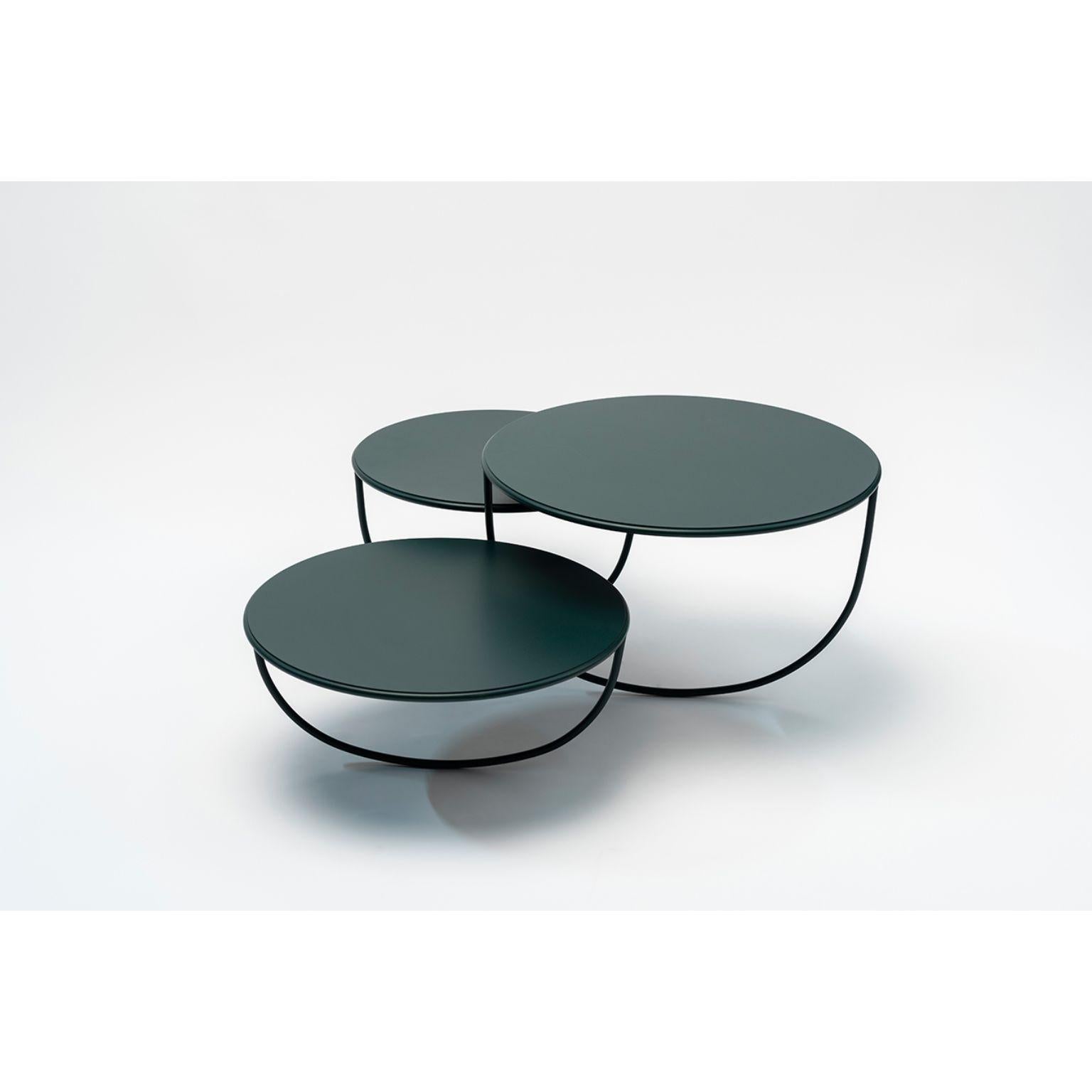 Trio side table by Nendo
Materials: top: Noce Canaletto solid wood, glass or metal
 Structure: Black chrome metal, Black/Light grey NCS 2002 Y50R/Coral NCS 2570 Y70R /Dark 
 Green NCS 8010 B70G powder-coated metal
Dimensions: W 84.7 x D 76.3 x H