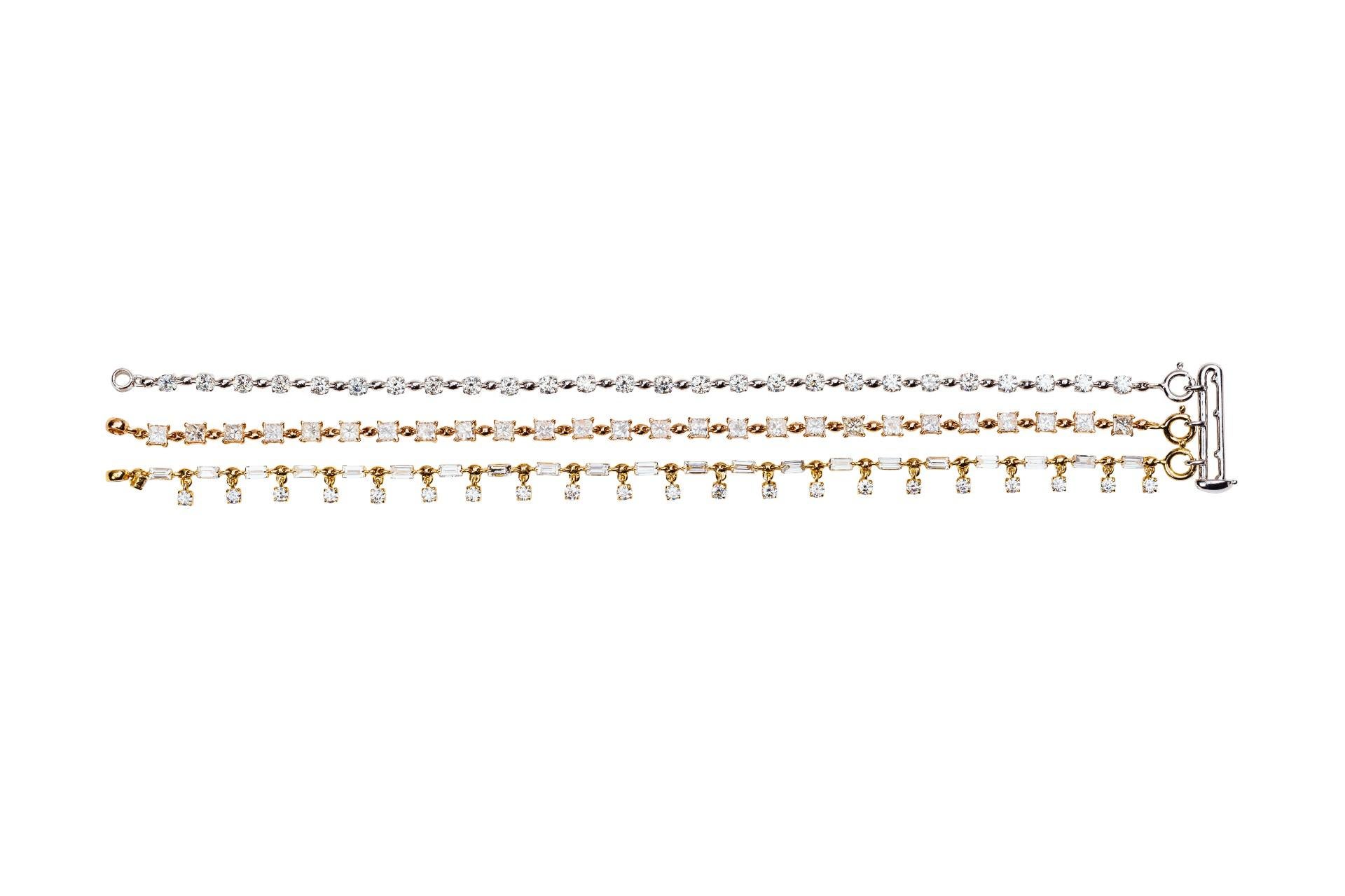 Trio Strand Gold and Diamond Bracelet by Made by Malyia

Glinting with white, rose and yellow gold, this delicate-yet-distinct trio of diamond bracelets may be worn stacked or separately. Good times all around. (3 row bracelet with spring clasp.