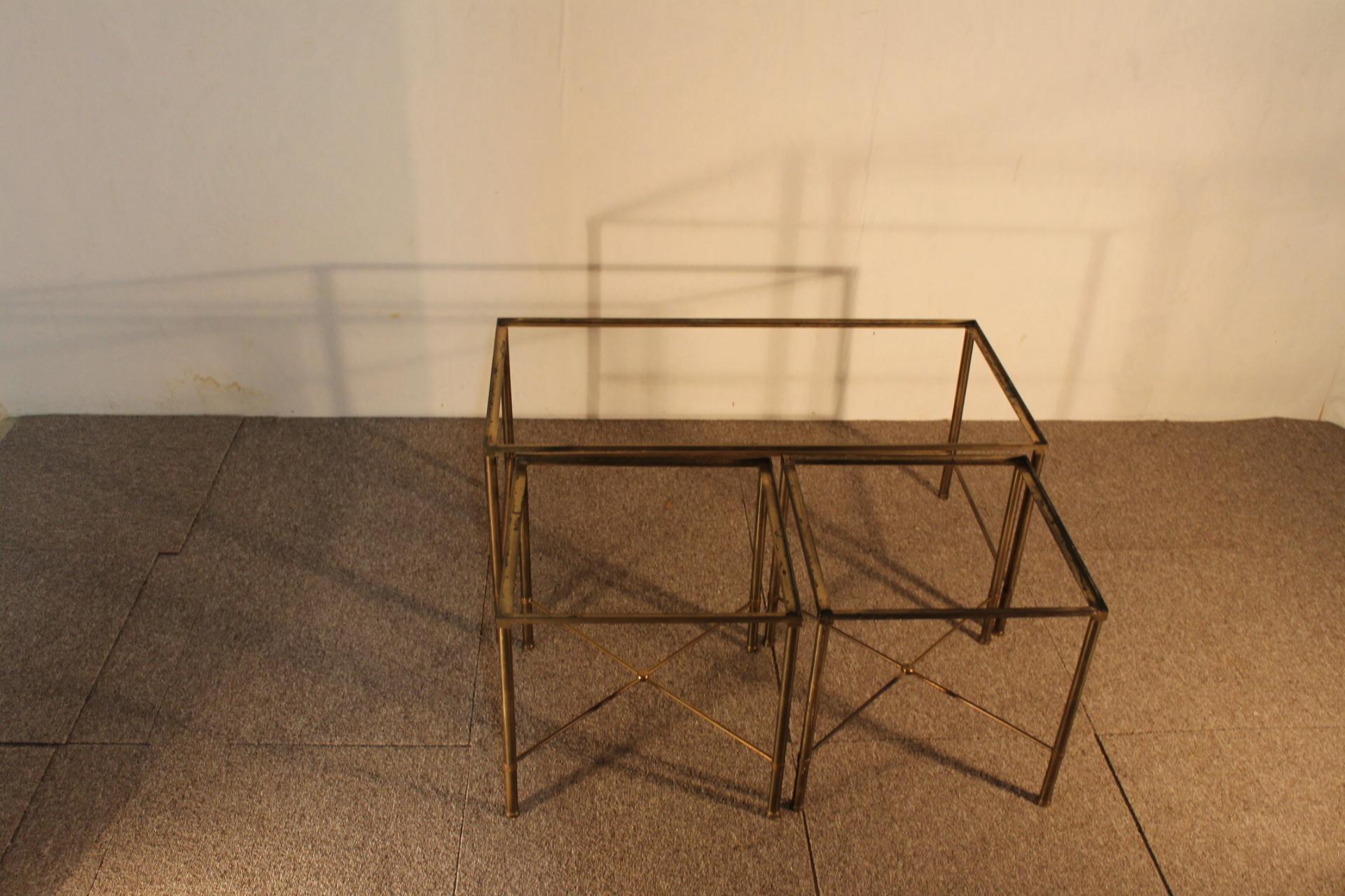 International Style Trio Tables, Glass and Brass, 1970, Italy For Sale