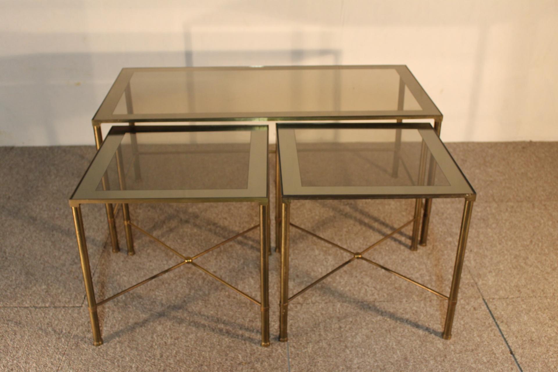 Gilt Trio Tables, Glass and Brass, 1970, Italy For Sale