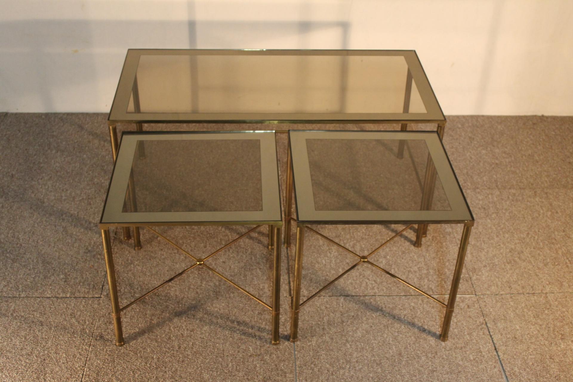 Trio Tables, Glass and Brass, 1970, Italy For Sale 1