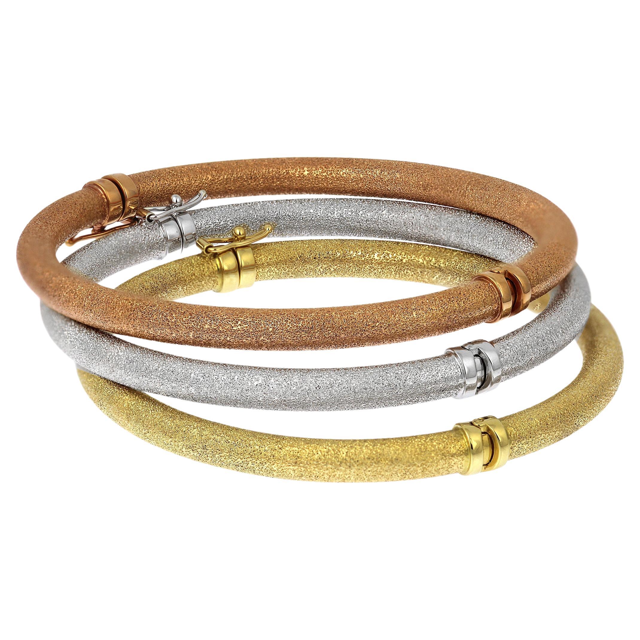 Trio of Matching Bangles in 18 Carat Yellow, Rose and White Gold For Sale