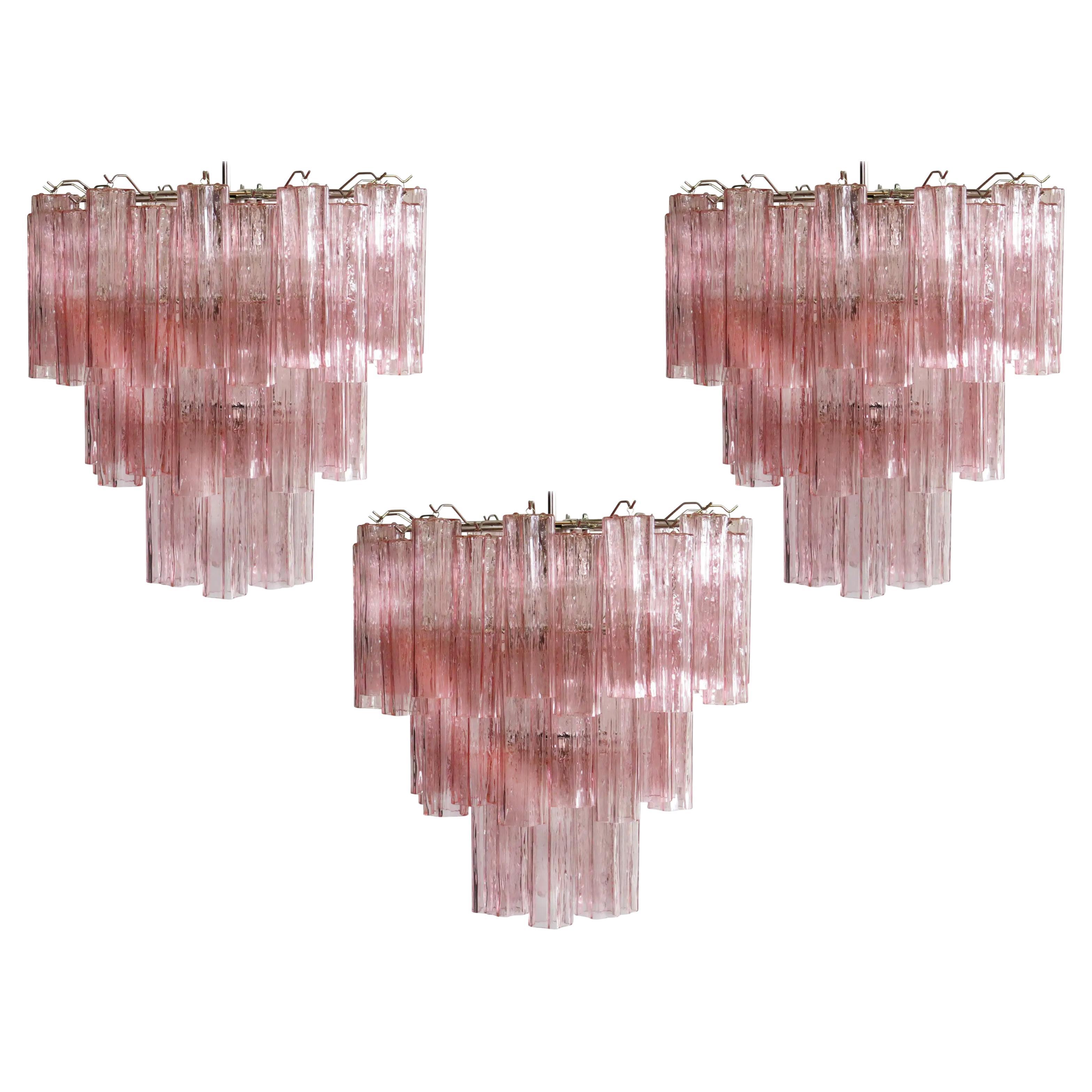 Trio of 52 Pink Tronchi Chandeliers Style Toni Zuccheri for Venini, Murano For Sale