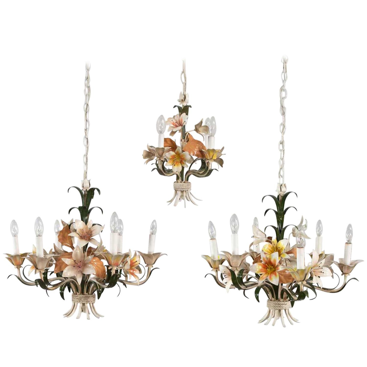 Trio Vintage Tole Painted Floral Chandeliers 2 with 6-Light and 1 with 3-Light