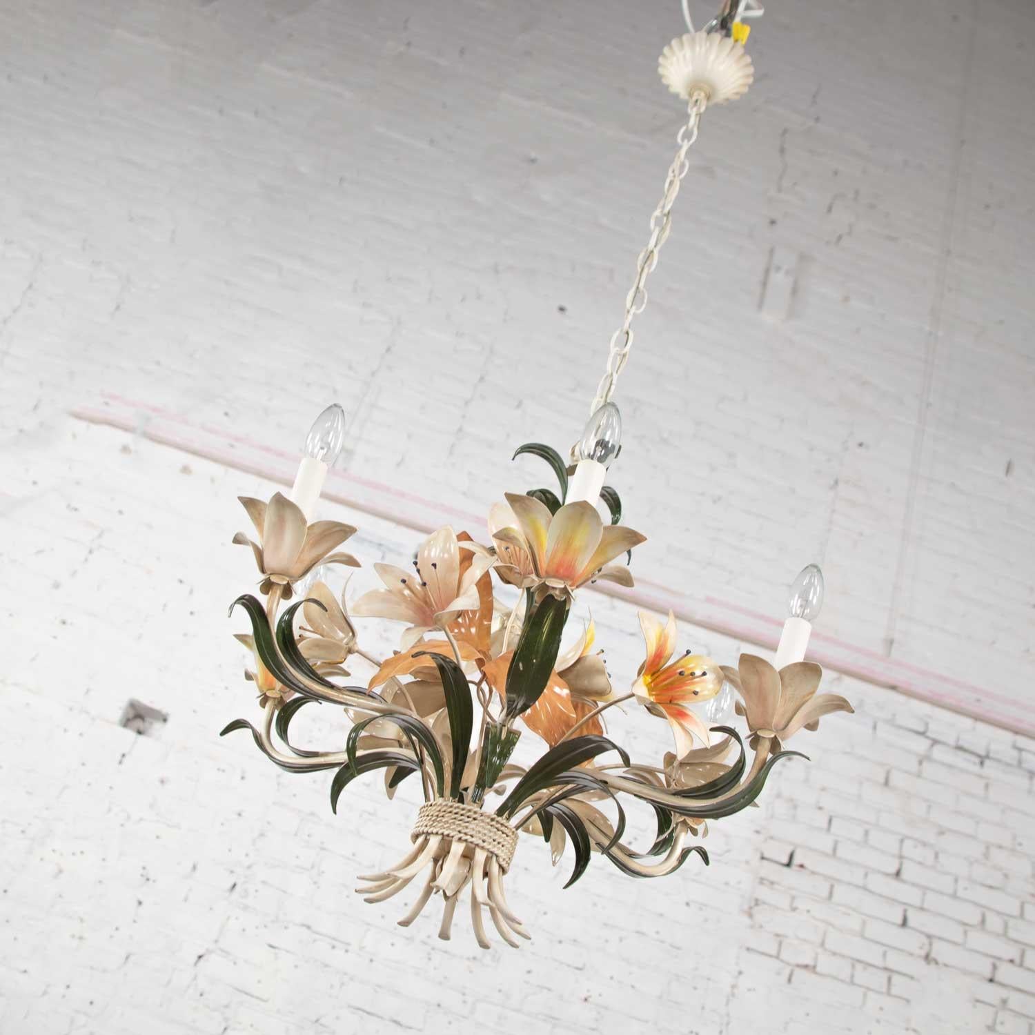 Trio Vintage Tole Painted Floral Chandeliers 2 with 6-Light and 1 with 3-Light 5