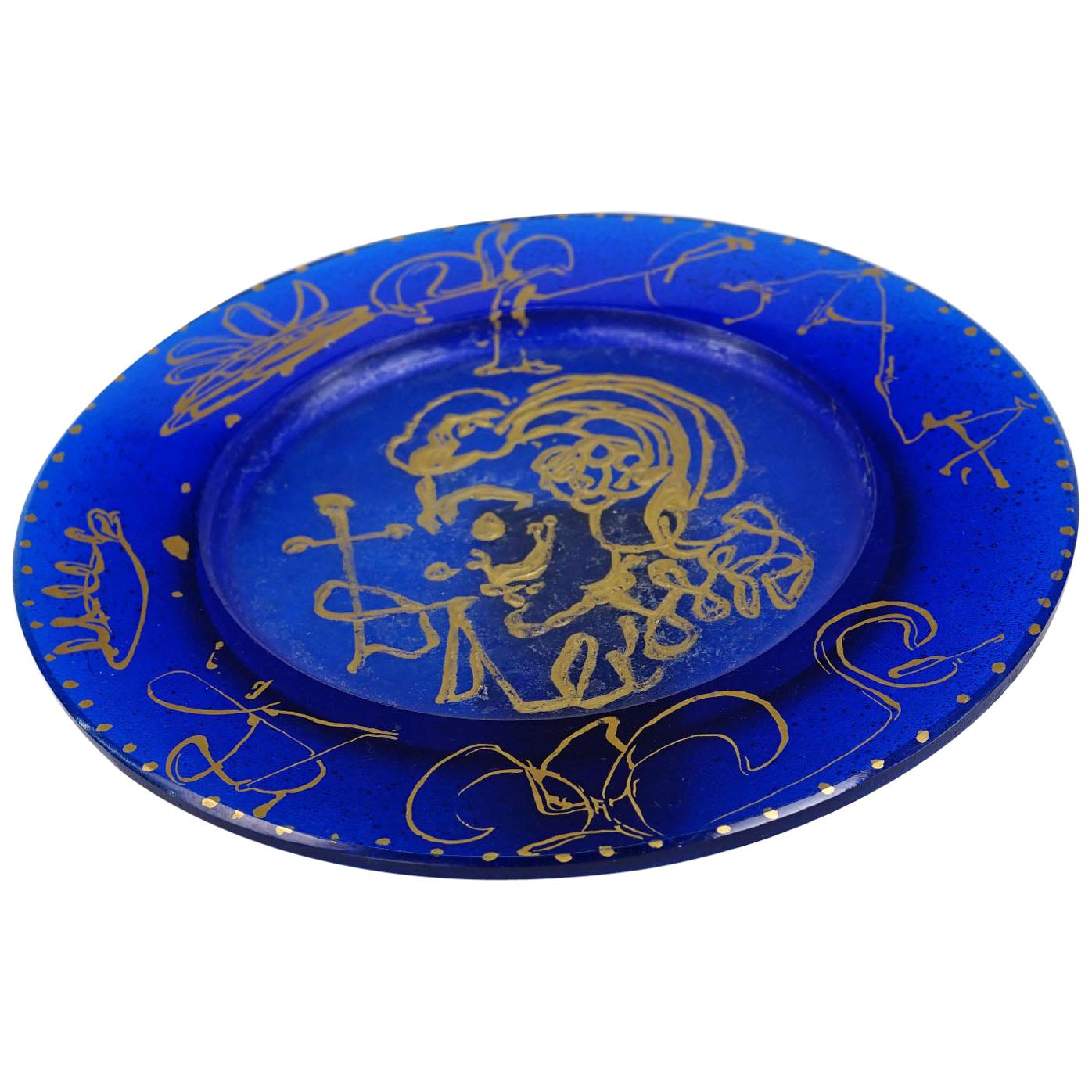 Triomphale Molten Glass Plate by Salvador Dali, Blue and Gold, Made in France For Sale