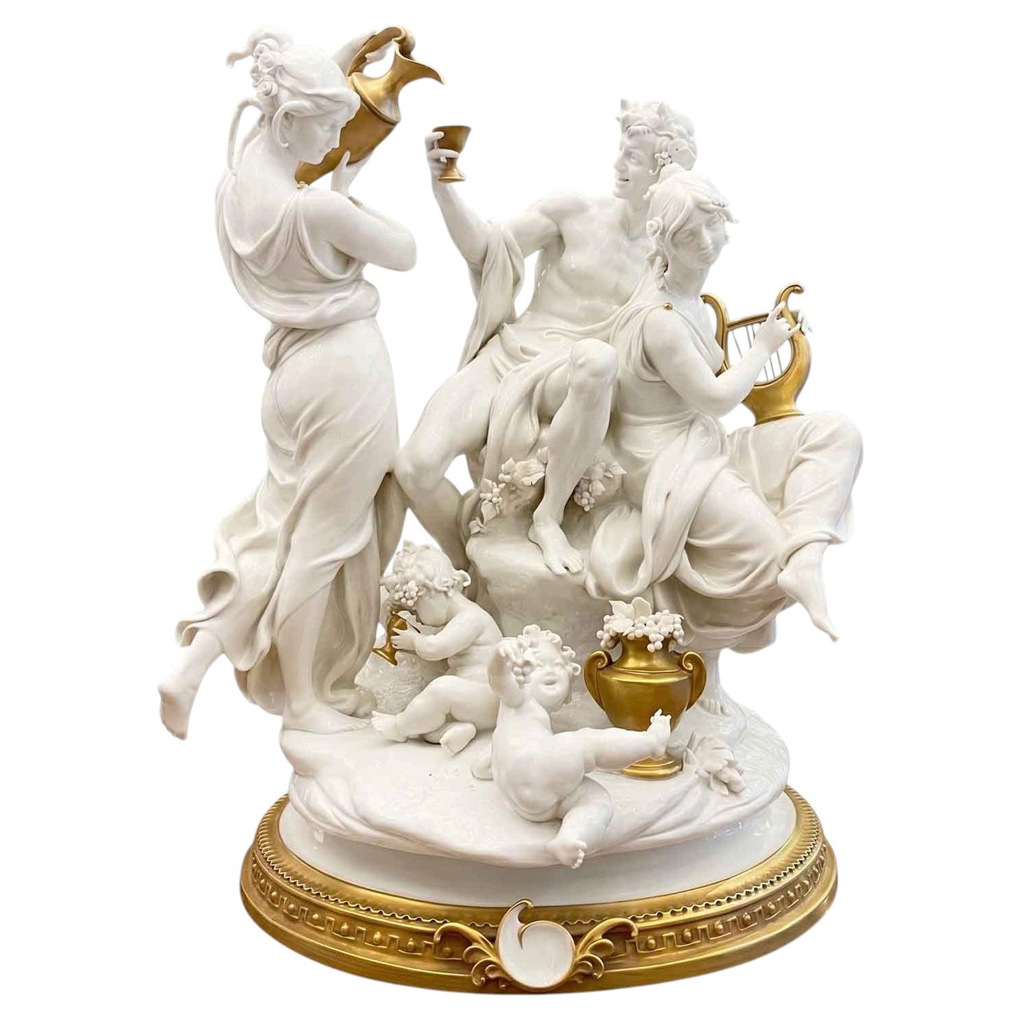 Triumph Of Bacchus Sculpture by Giuseppe Cappè 1962 in White Porcelain and Gold