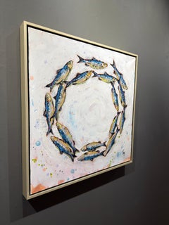 Circle O' Fishies Mixed Media Painting on Canvas, Abstract, 30x30