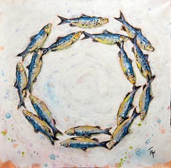 Circle O' Fishies Mixed Media Painting on Canvas, Abstract, 30x30
