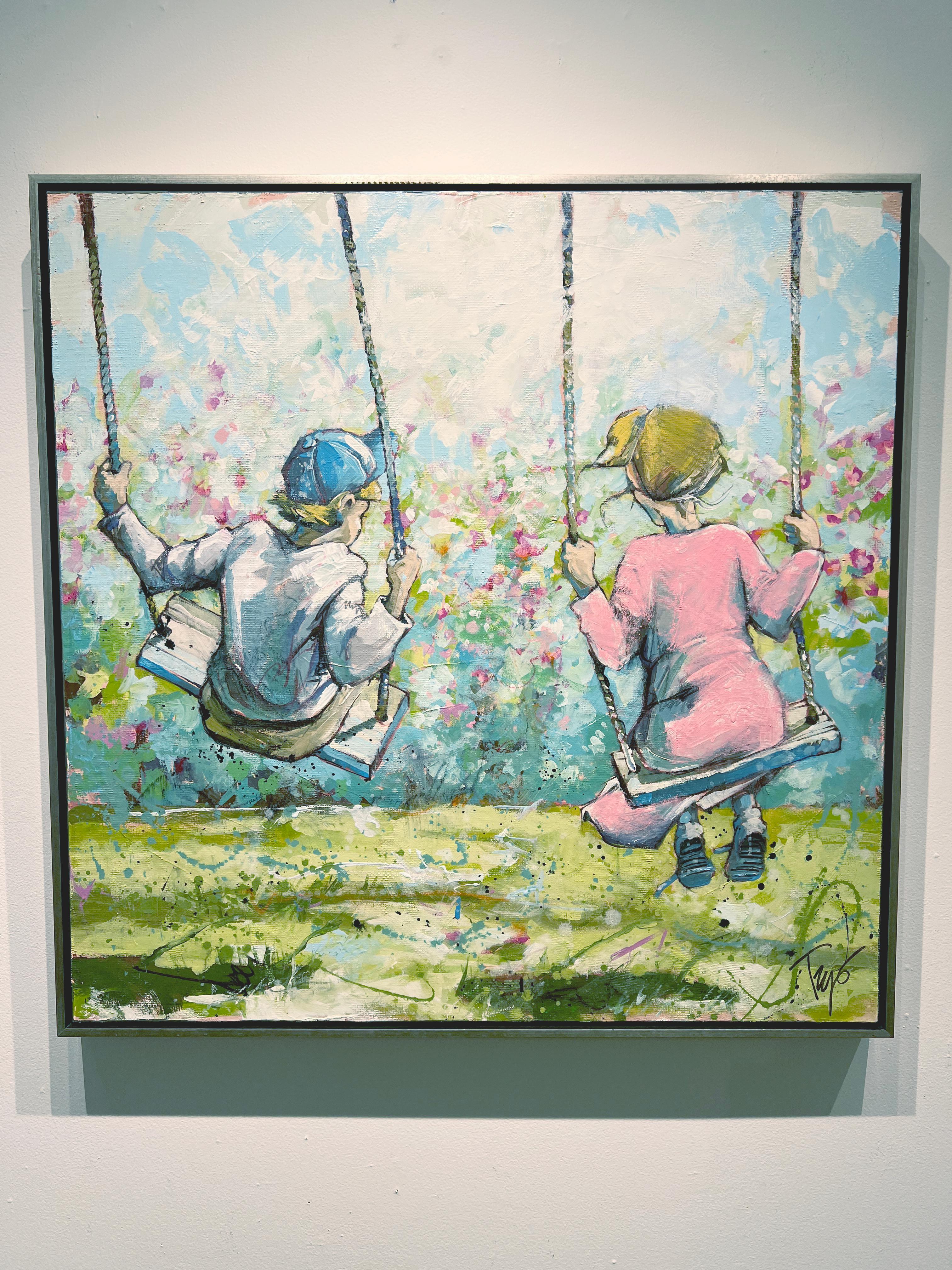Park, « Besties », peinture à l'huile sur toile - Figuratif d'enfants jouant - 40x40 - Painting de Trip Park