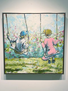Park, "Besties", 40x40 Playful Children Swing Figurative Oil painting on Canvas