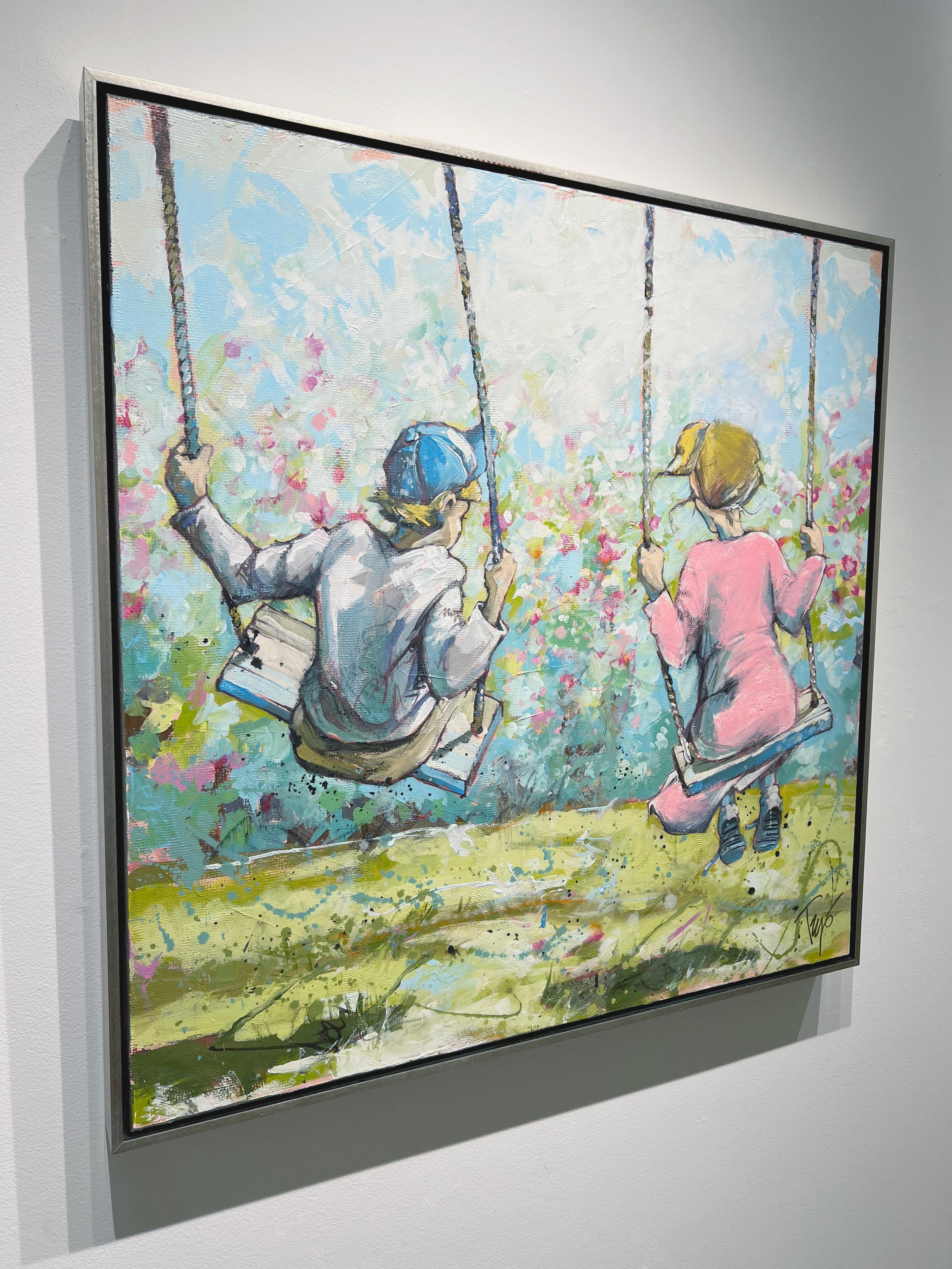 Park, « Besties », peinture à l'huile sur toile - Figuratif d'enfants jouant - 40x40 - Impressionnisme Painting par Trip Park
