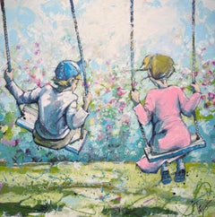 Park, "Besties", 40x40 Playful Children Swing Figurative Oil painting on Canvas