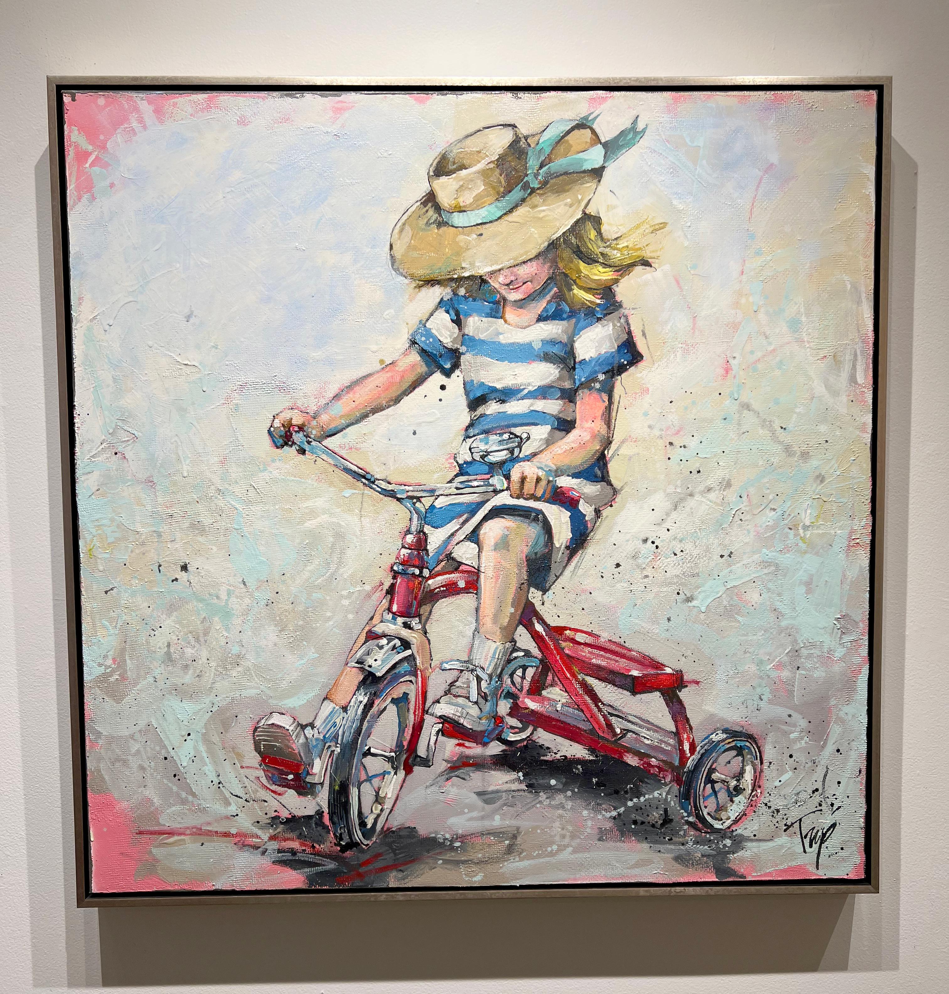 Trip Park - Park, "Dream Ride", 40x40 Whimsical Tricycle Girl Oil Painting  on Canvas For Sale at 1stDibs