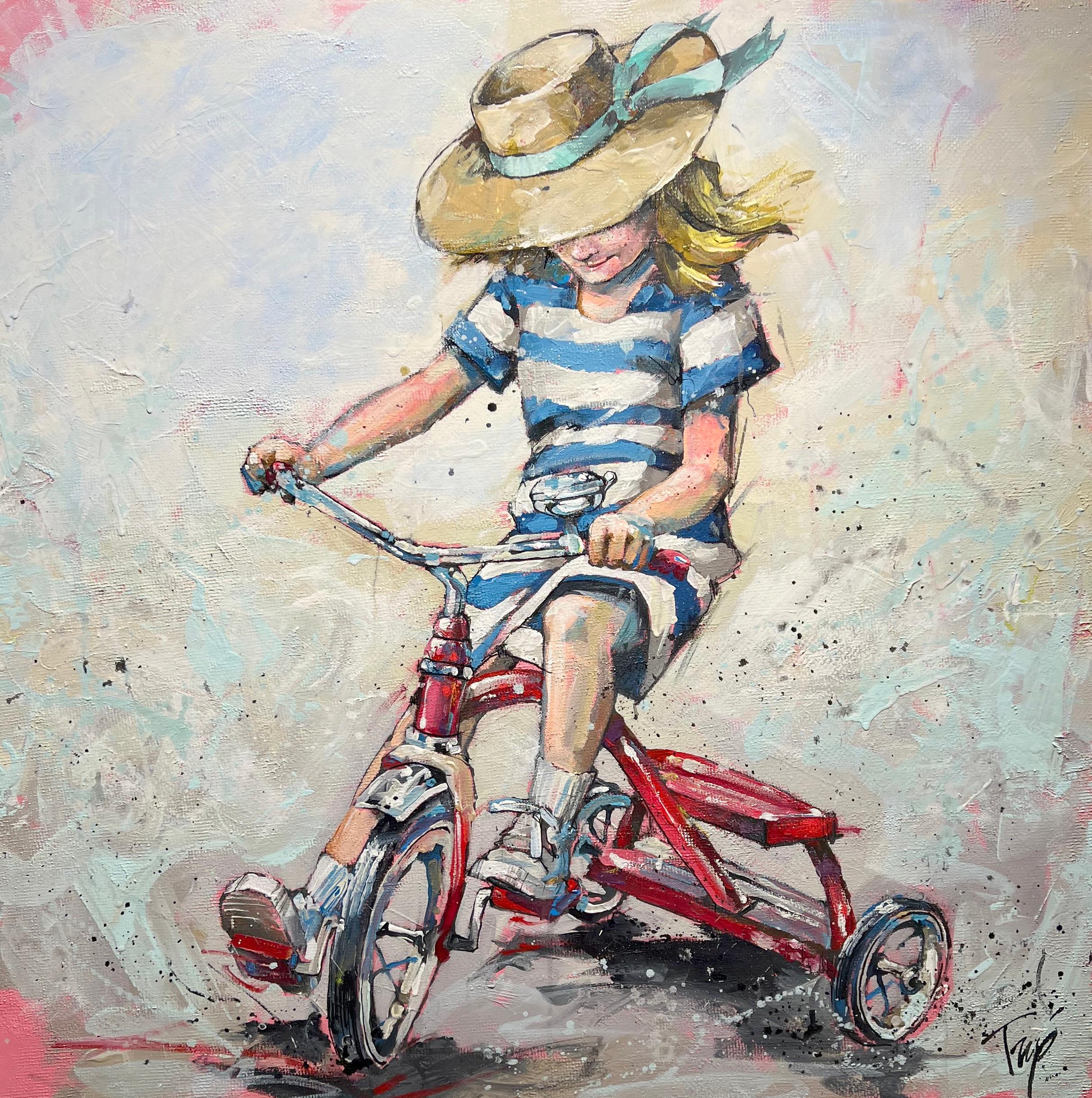 Park, "Dream Ride", 40x40 Whimsical Tricycle Girl Oil Painting on Canvas