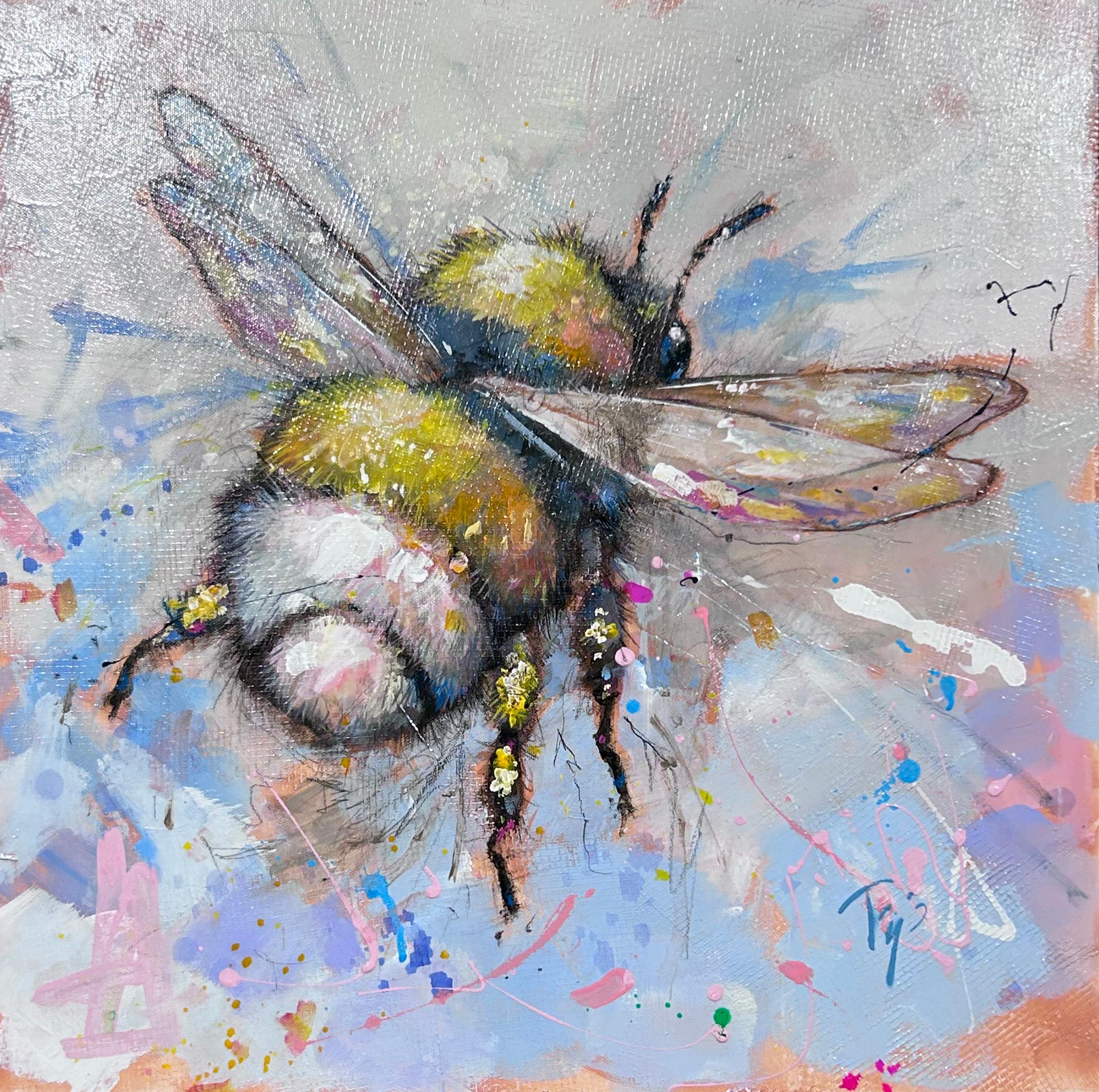 Trip Park
s "Big Ass Bumbler" is a 20x20 oil painting on canvas of a colorful and whimsical bumblebee flying against a tan background with orangey pink underpainting. The bee is is colored in classic yellow and black, with fun pops of blue and