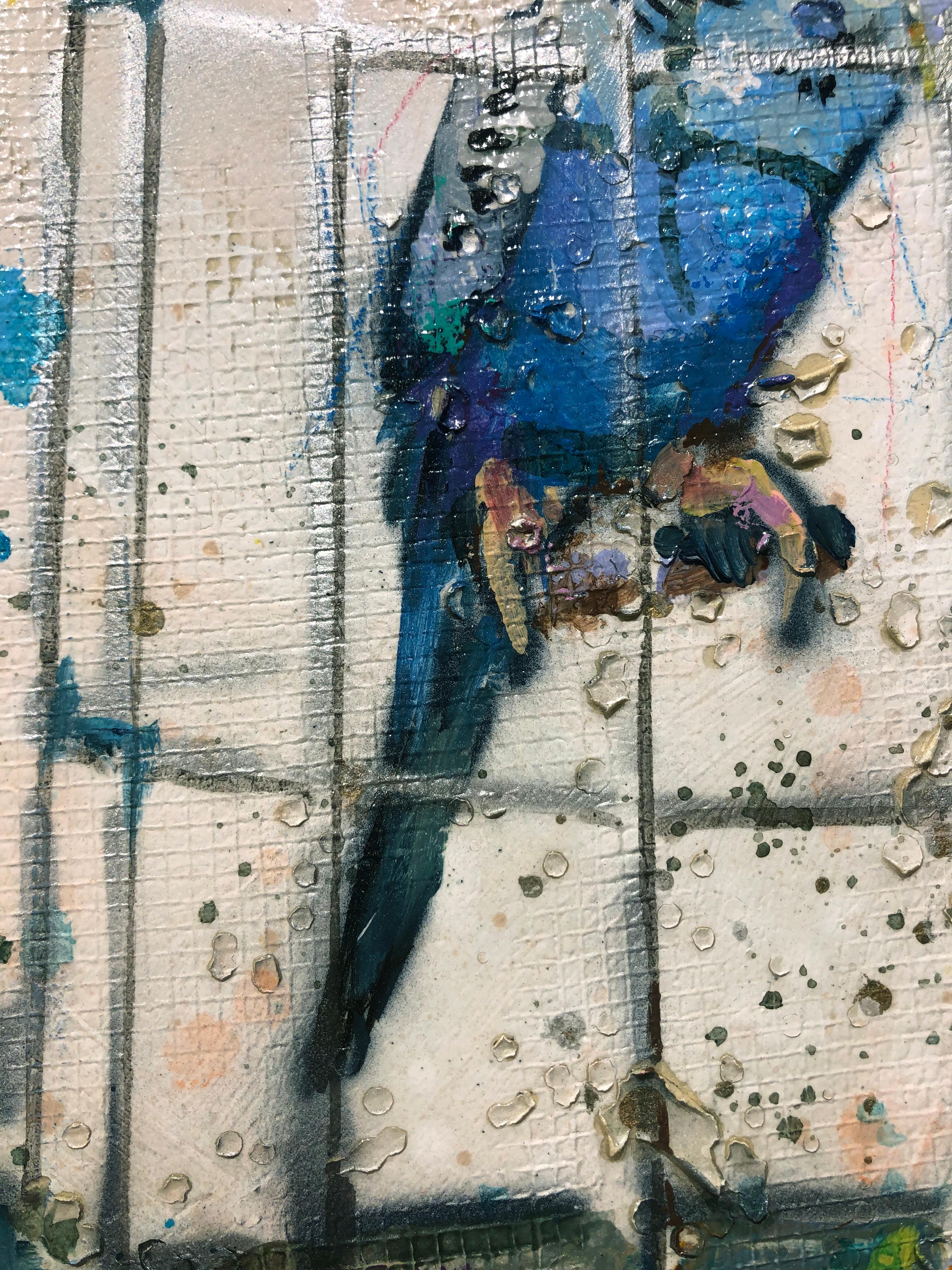 Trip Park, « Blue Birdie », peinture à la cage aérienne colorée sur toile de 14 x 11 cm en vente 5