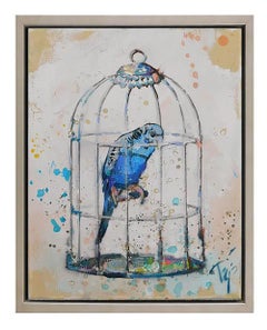 Trip Park, "Blue Birdie", 14x11 Colorful Avian Birdcage Painting on Canvas