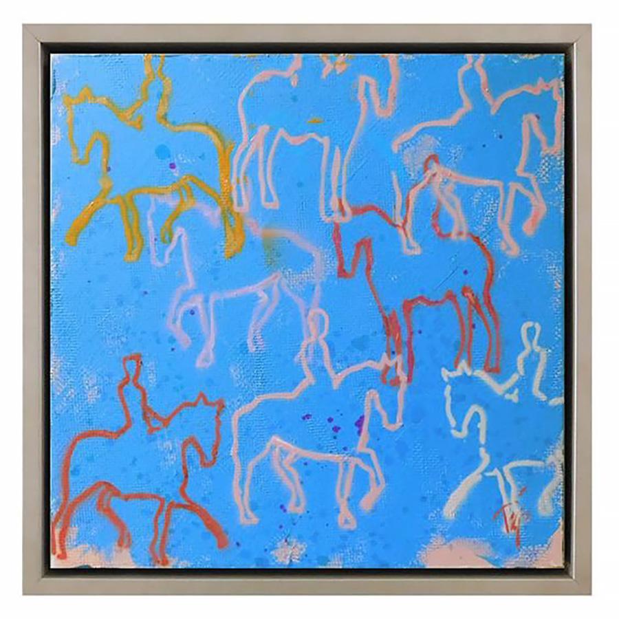 This Painting, "Blue Horses", is a 20x20 oil painting on canvas by artist Trip Park. Featured in the painting is a repeating and overlapping pattern of a rider and horse in various shades and colors. Park's whimsical style shines through his use of