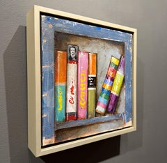Trip Park, "Bluesy Shelves", 12x12 Abstract Colorful Book Painting on Canvas