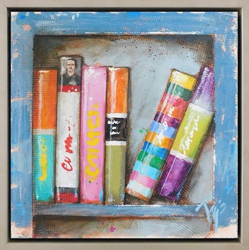 Trip Park, "Bluesy Shelves", 12x12 Abstraktes Buntes Buch Gemälde auf Leinwand