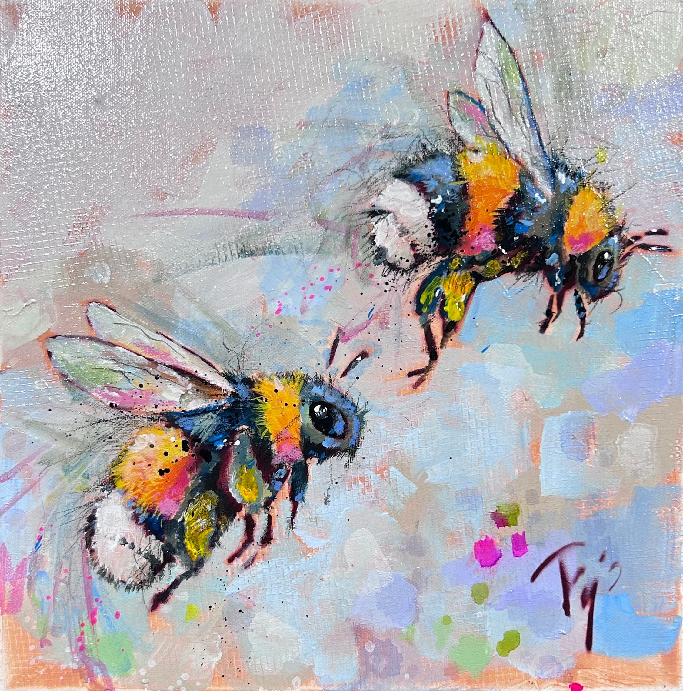 Trip Park
s "Busy Bumbler" is a 12x12 oil painting on canvas of a colorful and two whimsical bumblebees flying against a tan background with orangey pink underpainting. The bees are colored in classic yellow and black, with fun pops of blue and