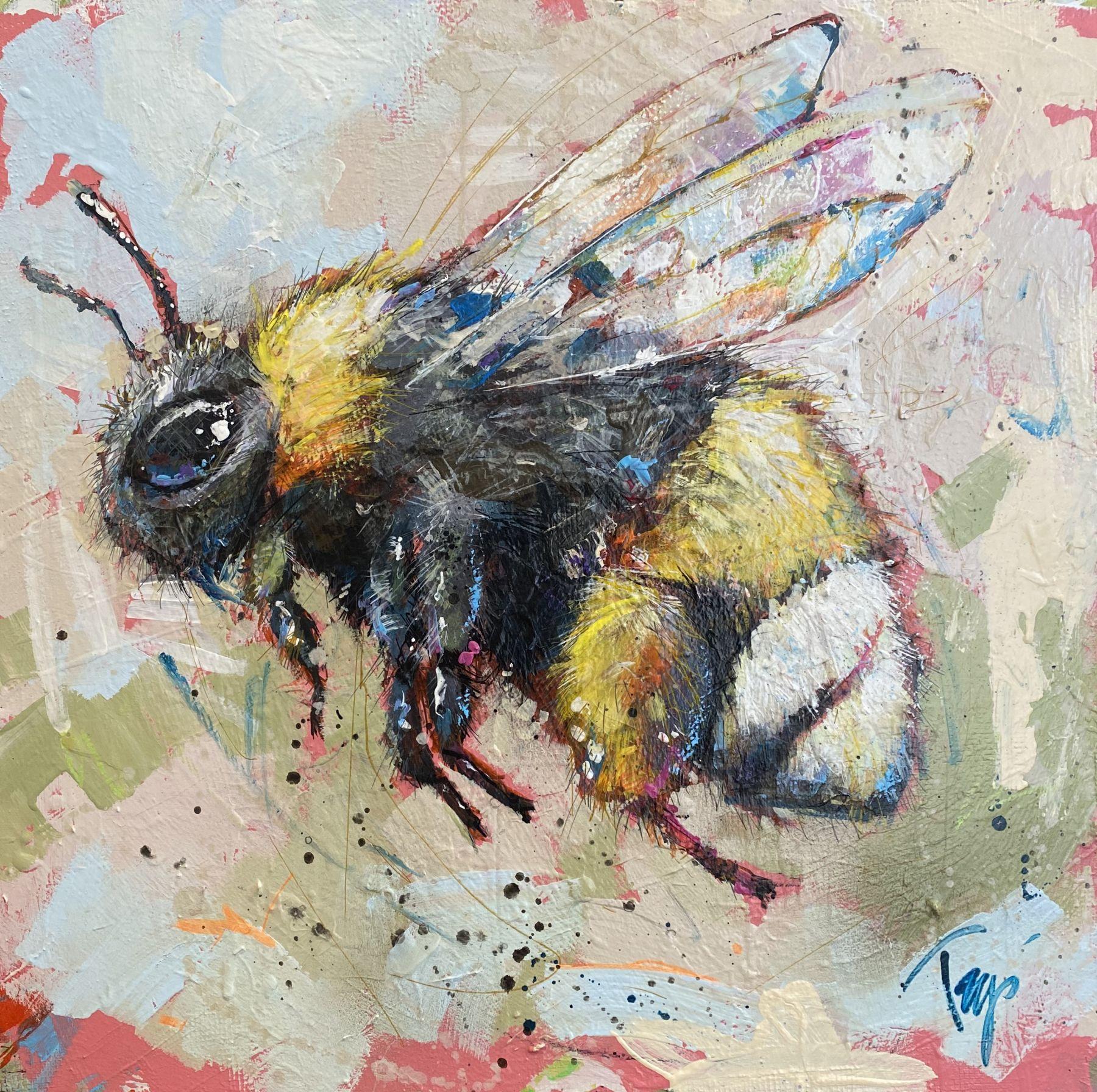 Trip Park, "Daisy Dancer", 24x24 Colorful Bumblebee Oil Painting on Canvas