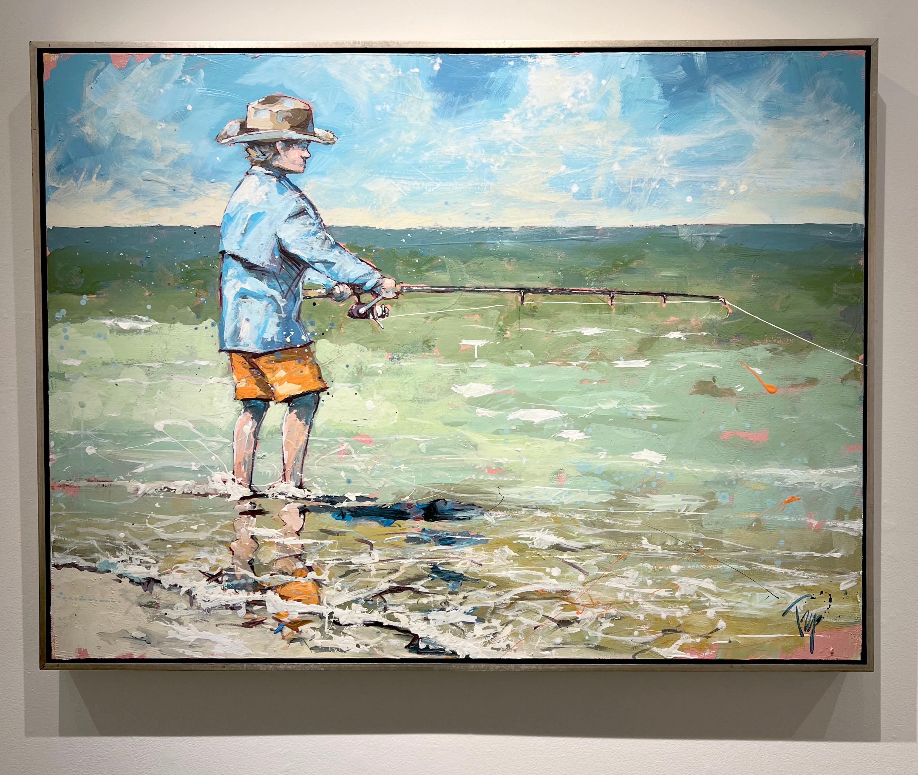 Trip Park, «shin' Solo », peinture à l'huile sur toile colorée représentant un pêcheur sur une plage, 36 x 48 en vente 1