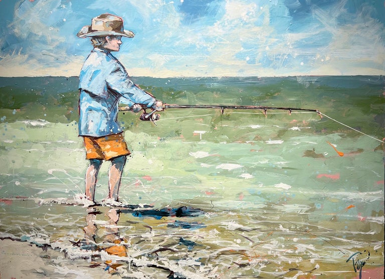 Trip Park - Trip Park, Fishin' Solo, 36x48 Colorful Fisherman Beach Oil  Painting on Canvas For Sale at 1stDibs