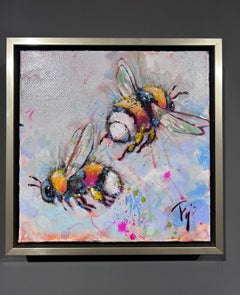 Trip Park, "Flower Bumbler", 12x12 Colorful Bumblebee Oil Painting on Canvas