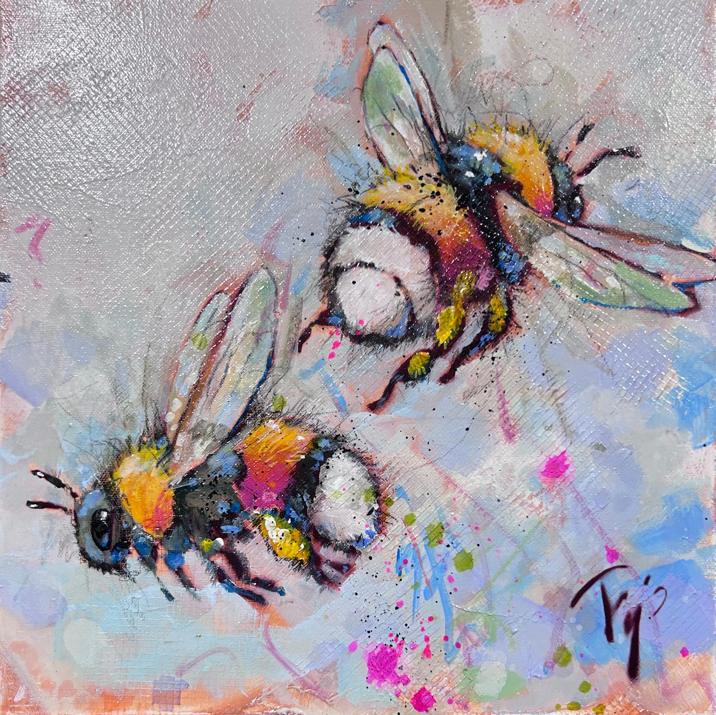 Trip Park
s "Flower Bumbler" is a 12x12 oil painting on canvas of a colorful and two whimsical bumblebees flying against a tan background with orangey pink underpainting. The bees are colored in classic yellow and black, with fun pops of blue and