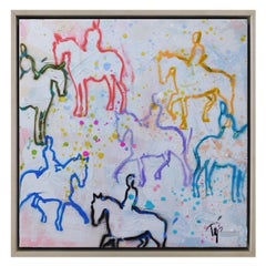 Trip Park, "Funny Horses", 20x20 Peinture à l'huile abstraite et colorée de chevaux sur toile