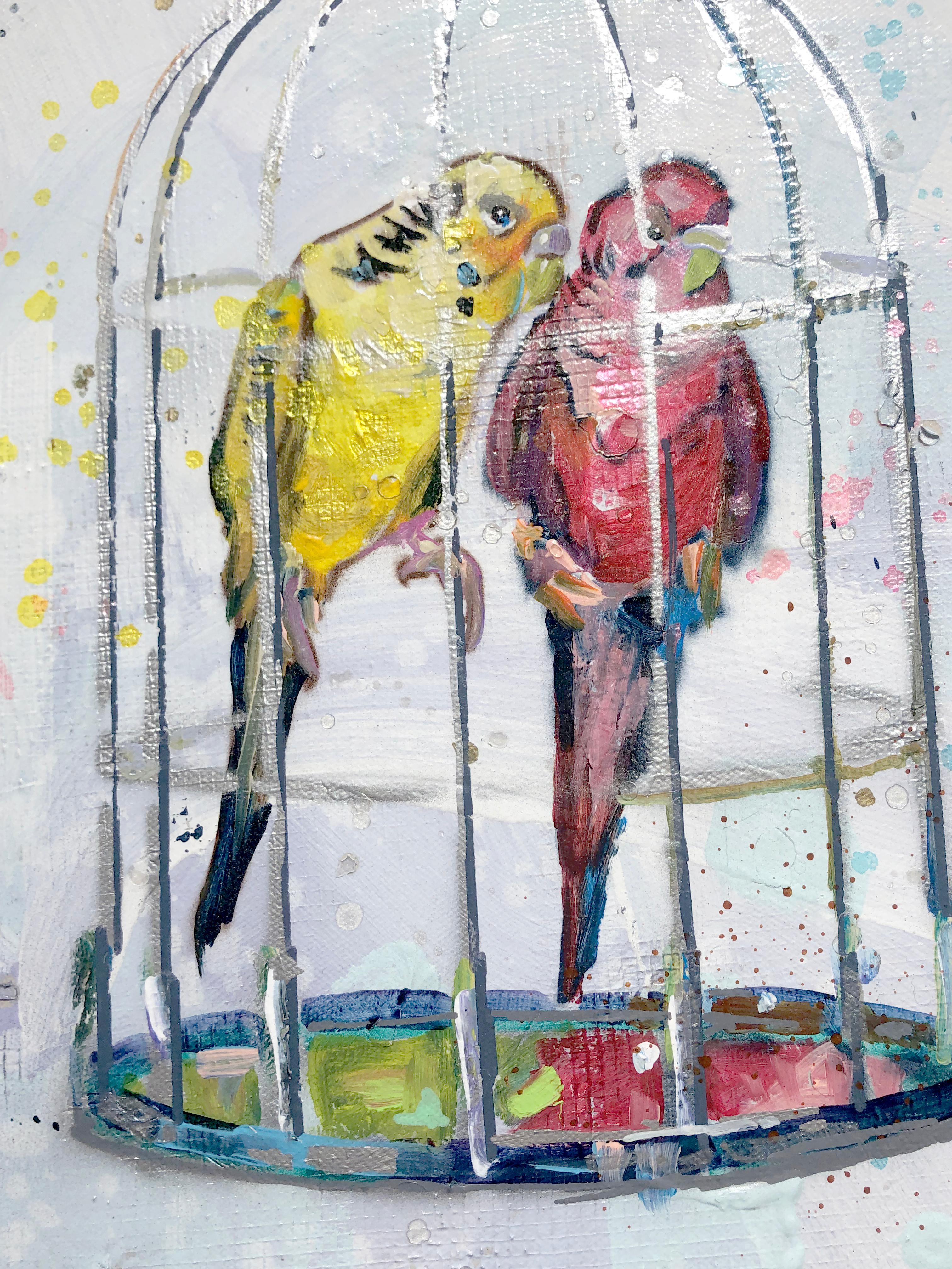 Trip Park, « Garden Birdies », peinture colorée à la cage aérienne sur toile, 30x30 en vente 5