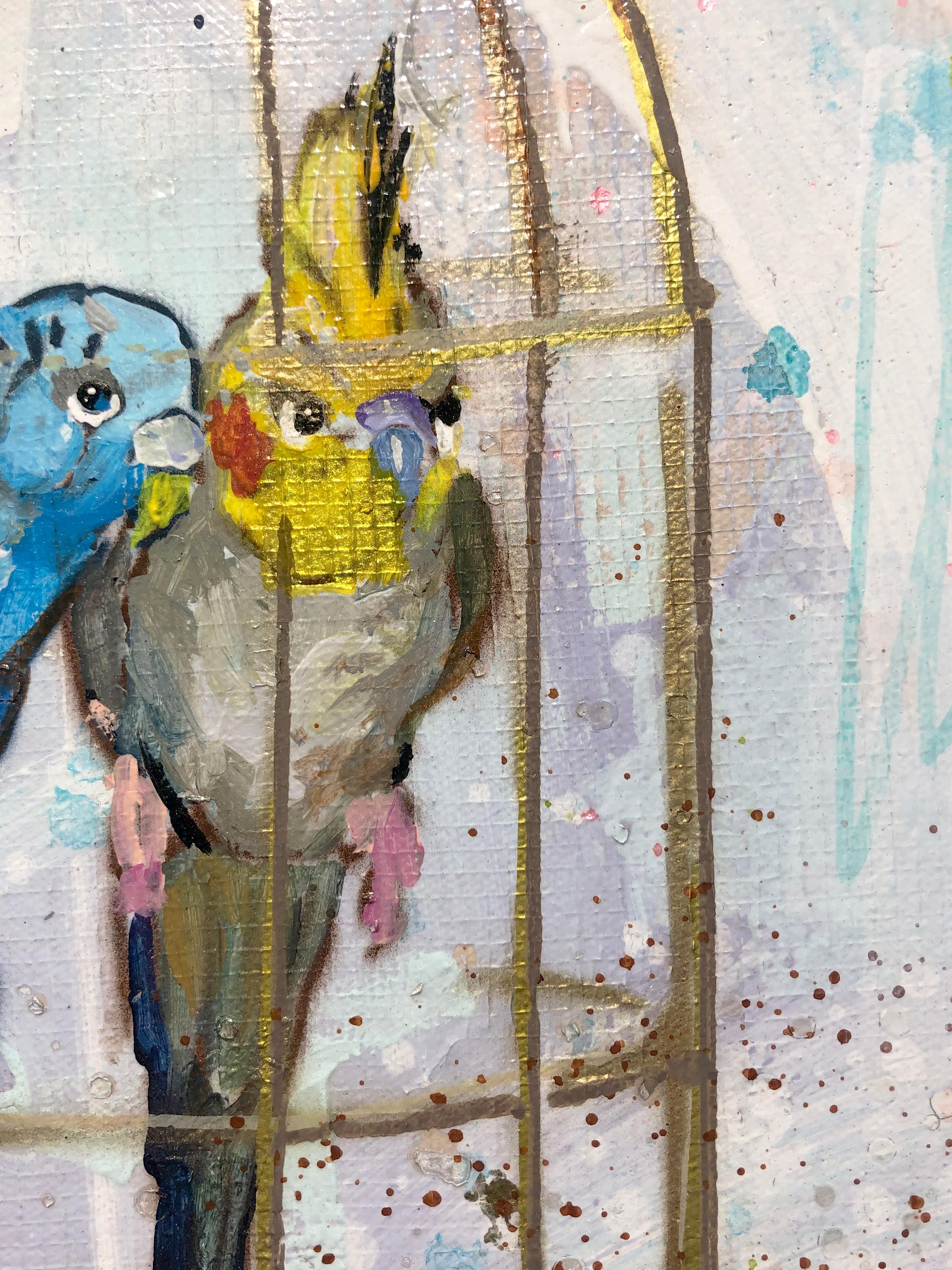 Trip Park, « Garden Birdies », peinture colorée à la cage aérienne sur toile, 30x30 en vente 6