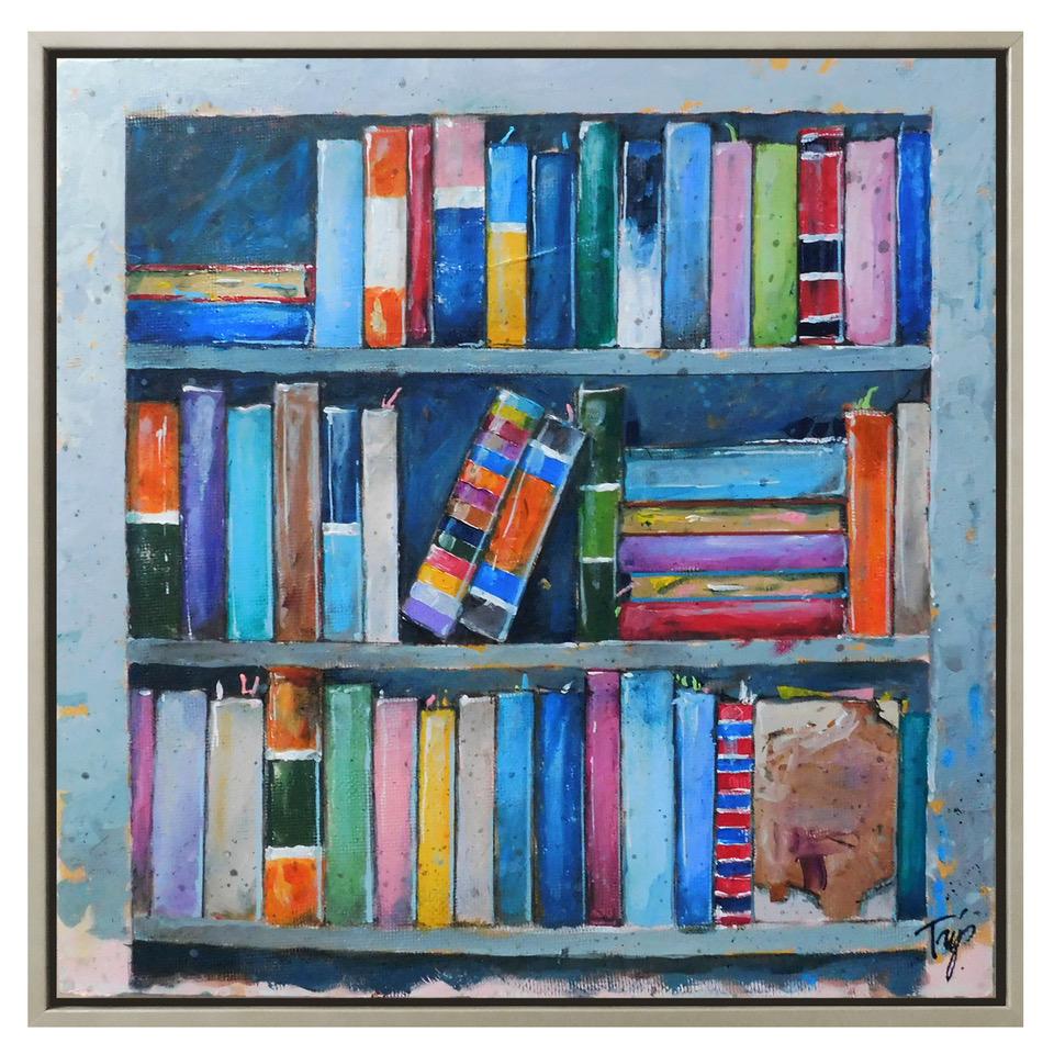 Trip Park, "Geeky Shelves", Peinture de livres de bibliothèque colorés sur toile, 30x30