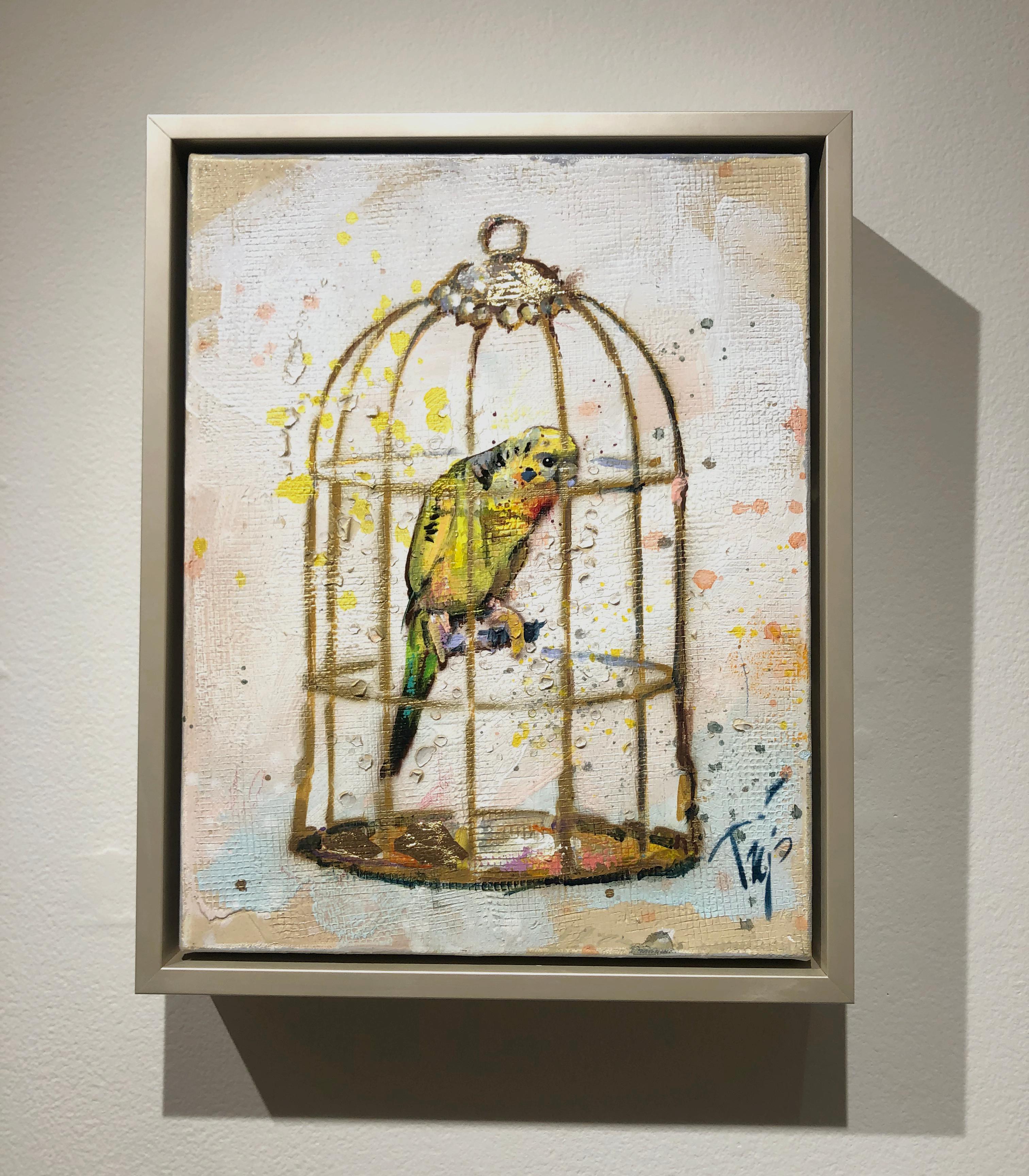 Trip Park, « Golden Birdie », peinture aérienne colorée sur toile, 14 x 11 cm en vente 1