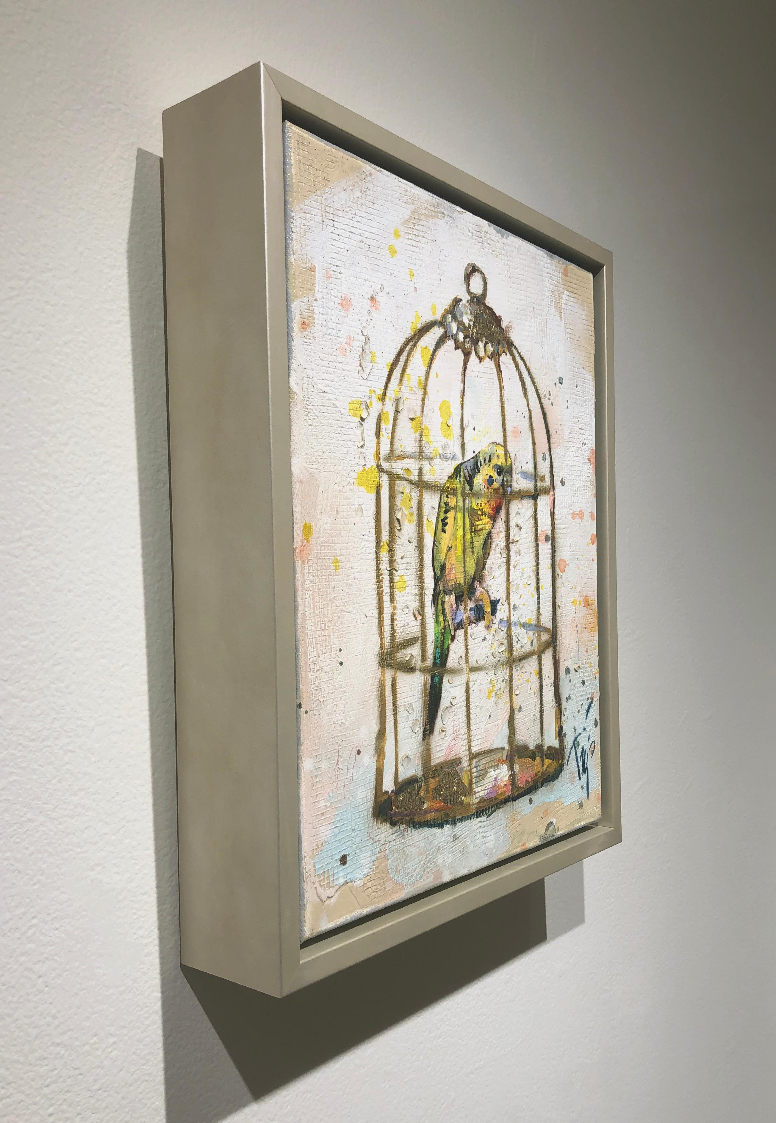 Trip Park, « Golden Birdie », peinture aérienne colorée sur toile, 14 x 11 cm en vente 2