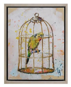 Trip Park, "Goldy Birdie", 14x11 Colorful Birdcage Avian Painting on Canvas